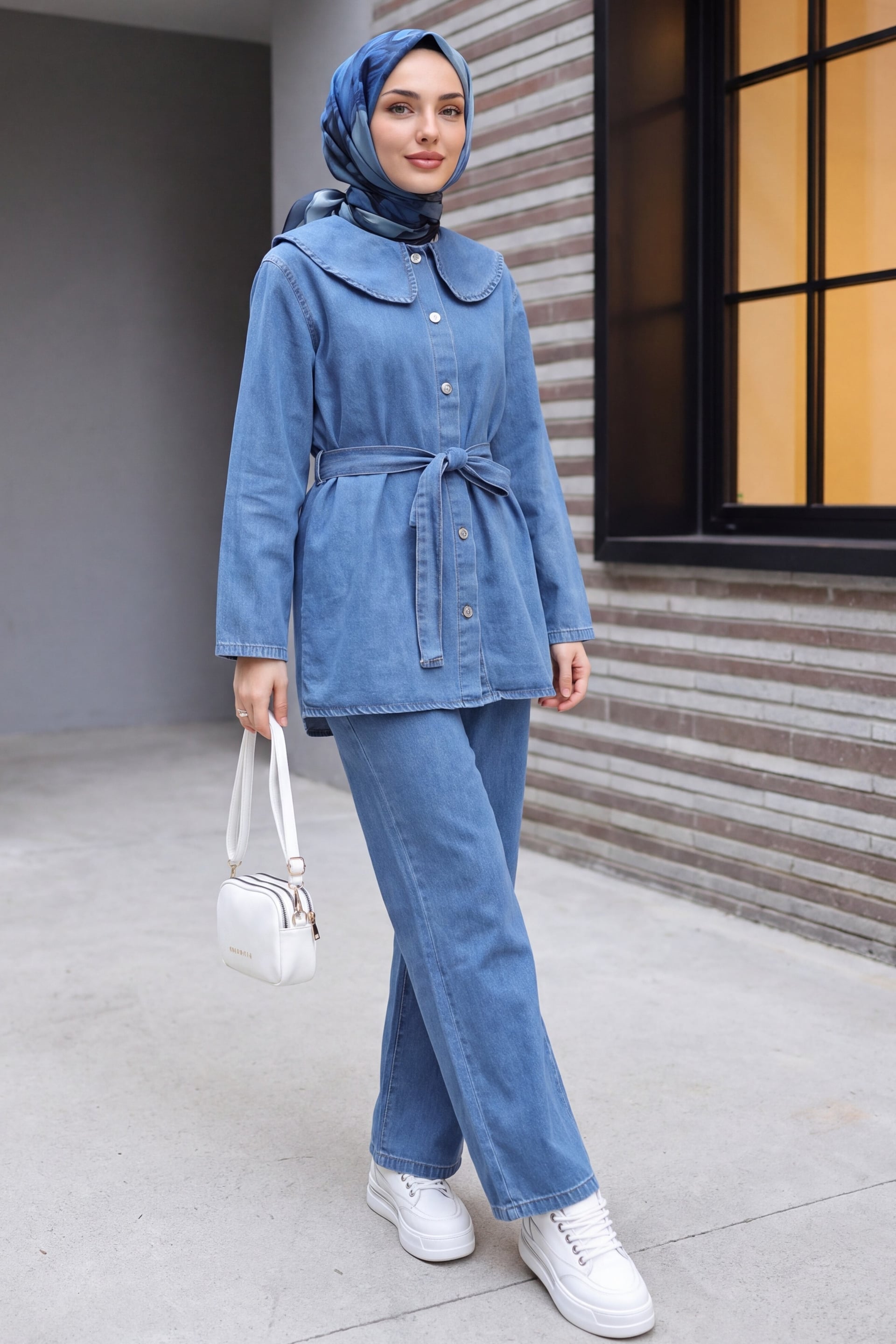 Women's Denim Co-ord Set with Tunic Top and Straight-Leg Trousers - Ice Blue - Podyumplus - by Peralane