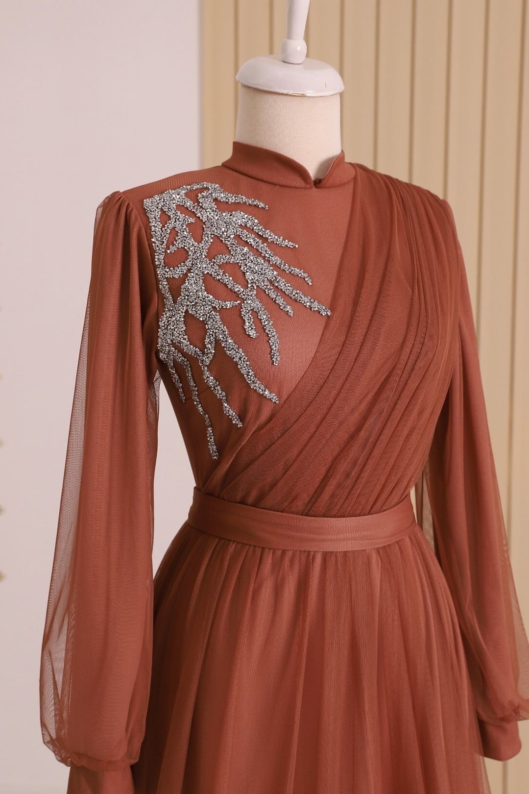 Stone Detailed Draped Belted Tulle Evening Dress - Cinnamon - Podyumplus - by Peralane - photo 4