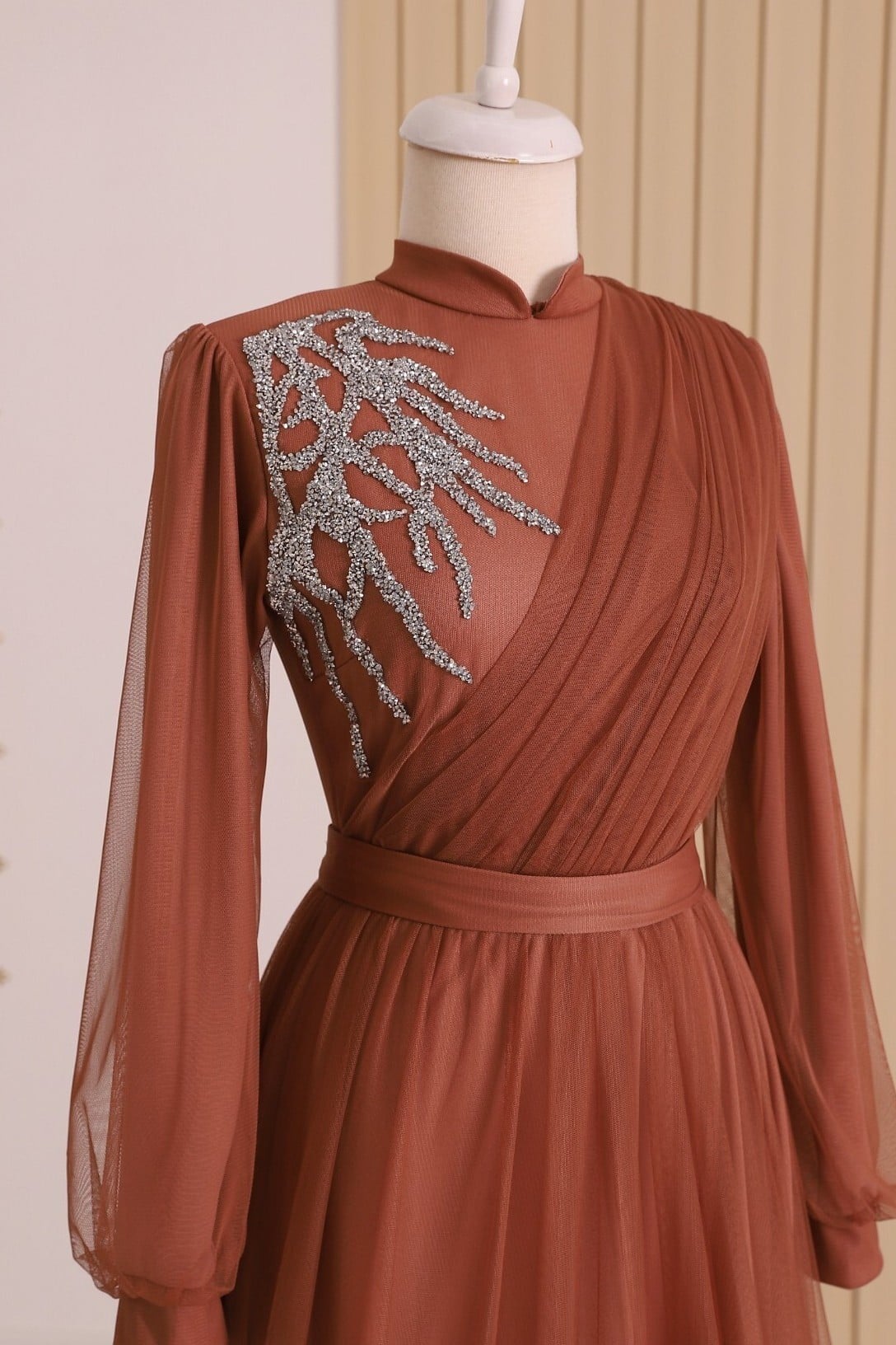 Stone Detailed Draped Belted Tulle Evening Dress - Cinnamon - Podyumplus - by Peralane - photo 4