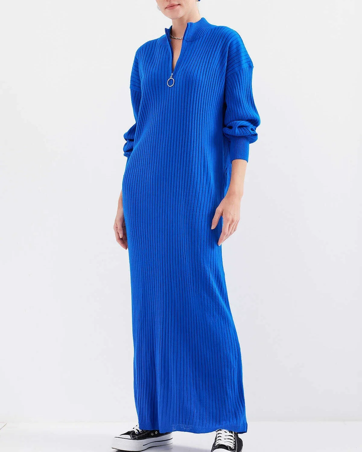 Royal Blue Ribbed Knit Maxi Dress with Half-Zip - Long Sleeve - Bigdart - by Peralane - photo 2