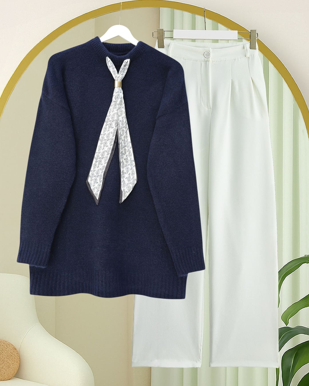 Scarf Detail Soft Knit Sweater - Navy - Podyumplus - by Peralane - photo 3
