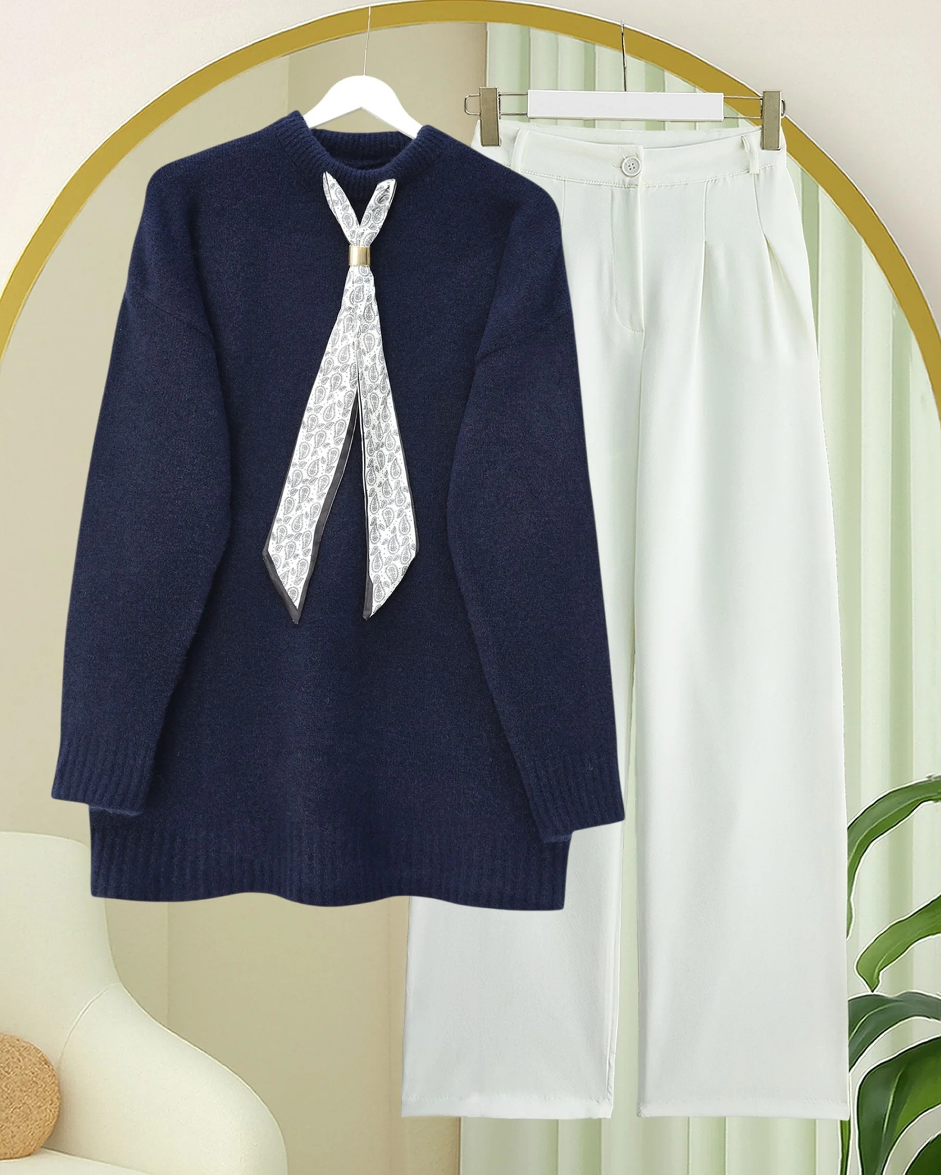 Navy Blue Mock Neck Knit Sweater with Detachable Scarf Detail - Podyumplus - by Peralane - photo 3