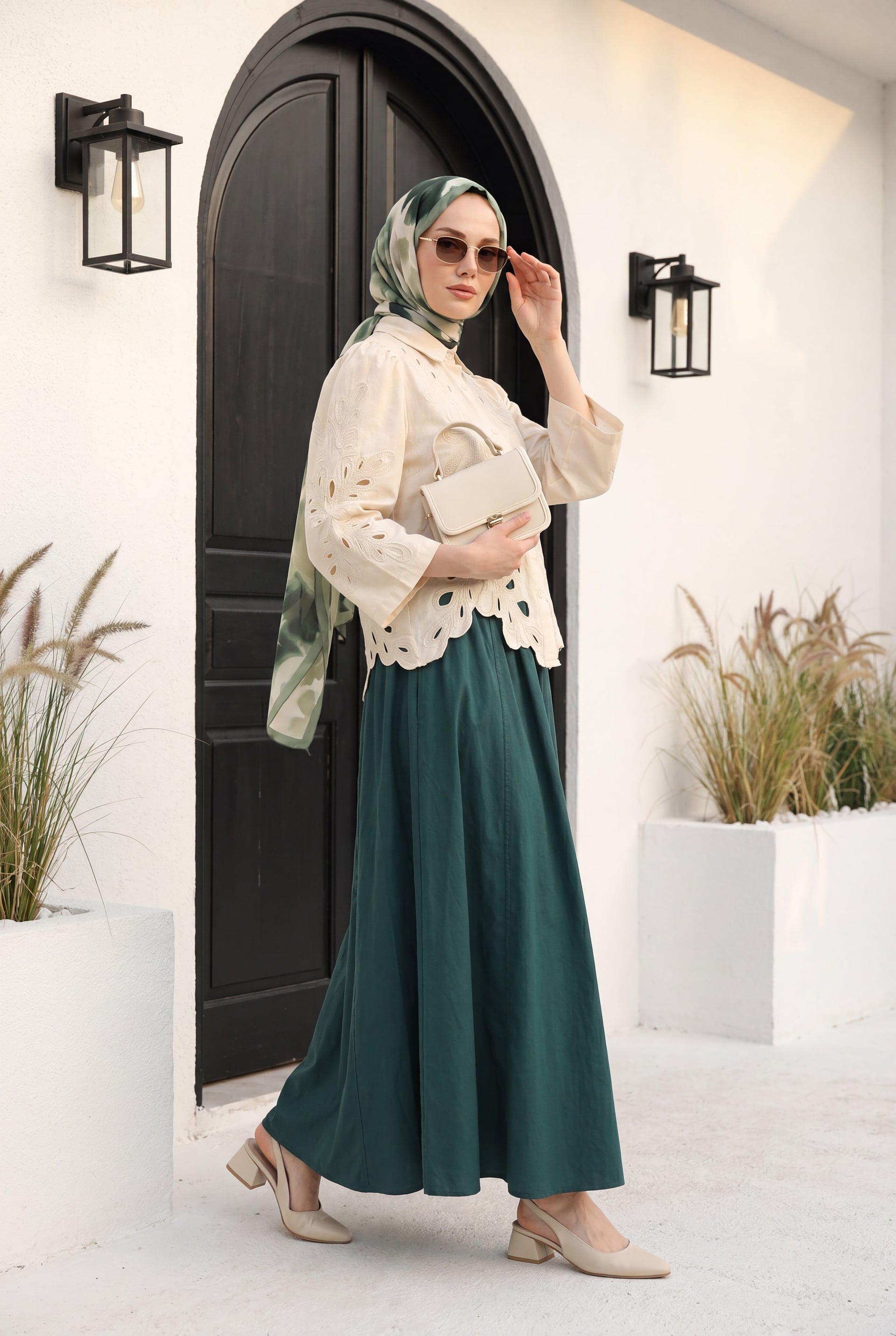 Cream Embroidered Wide-Sleeve Linen Look Blouse - Podyumplus - by Peralane - photo 6
