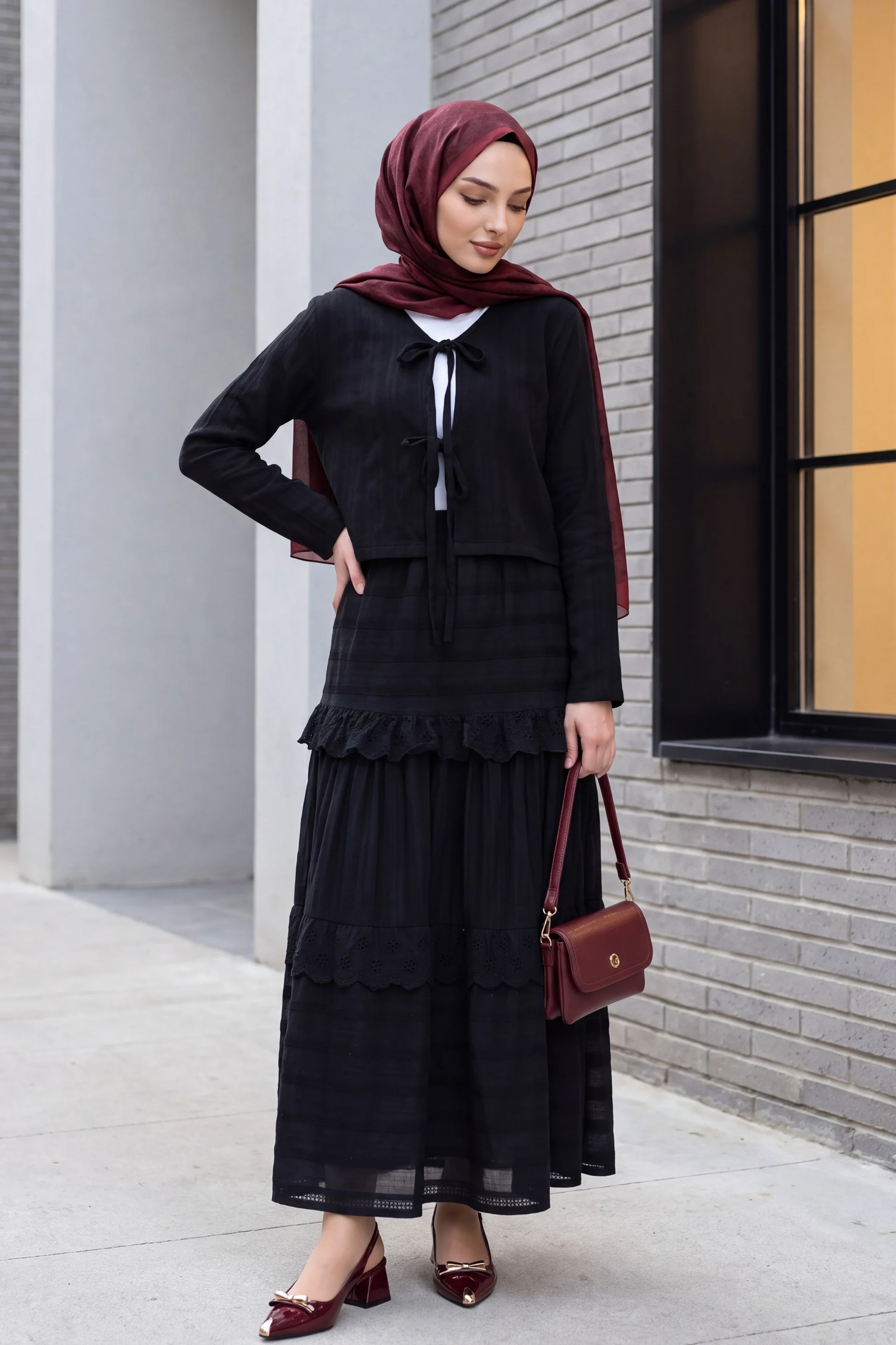 Black Frill Skirt Two-Piece Modest Set with Bow-Front Jacket - Podyumplus - by Peralane - photo 3