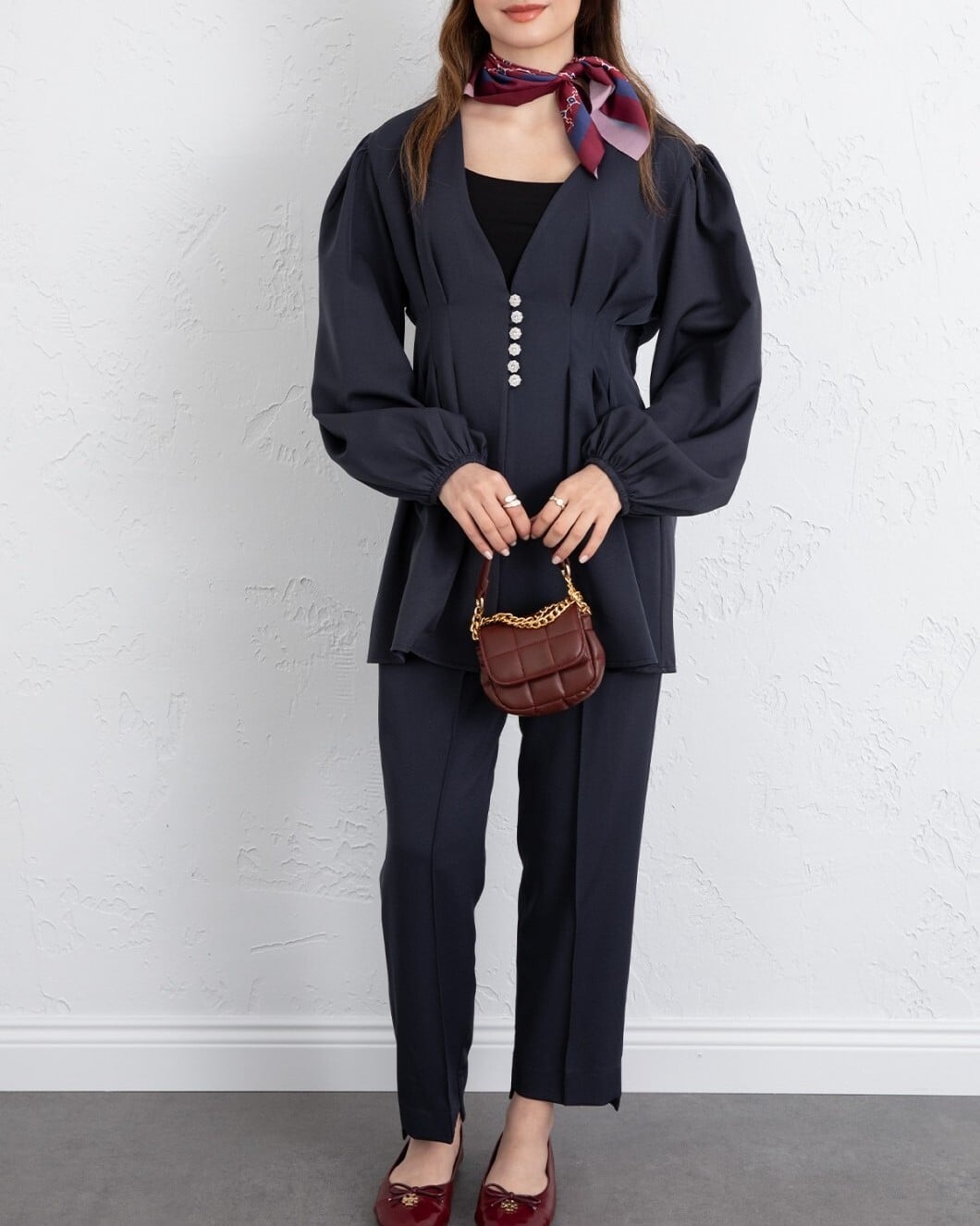 Navy Blue Rhinestone Button Two-Piece Blouse and Trousers Set - Podyumplus - by Peralane - photo 4