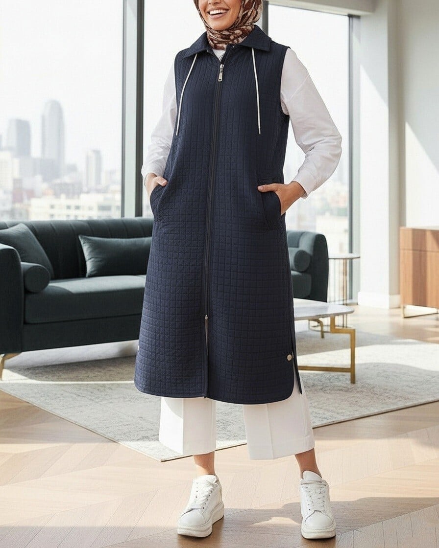 Women's Long Quilted Vest with Hood and Pockets - Navy Blue - Podyumplus - by Peralane - photo 3