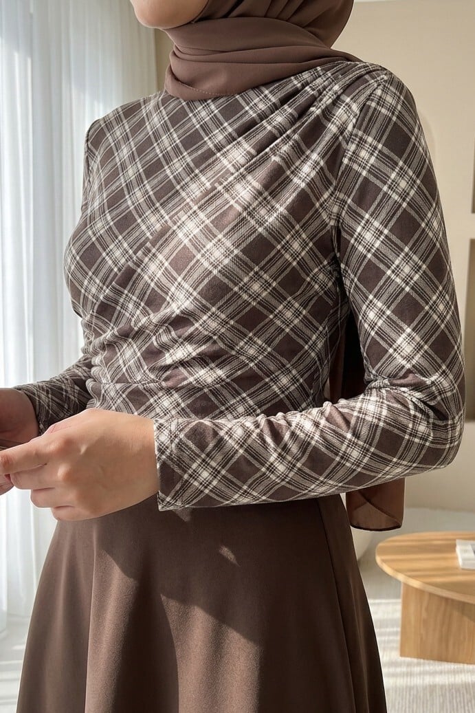 Side Ruched Plaid Blouse - Brown - Podyumplus - by Peralane