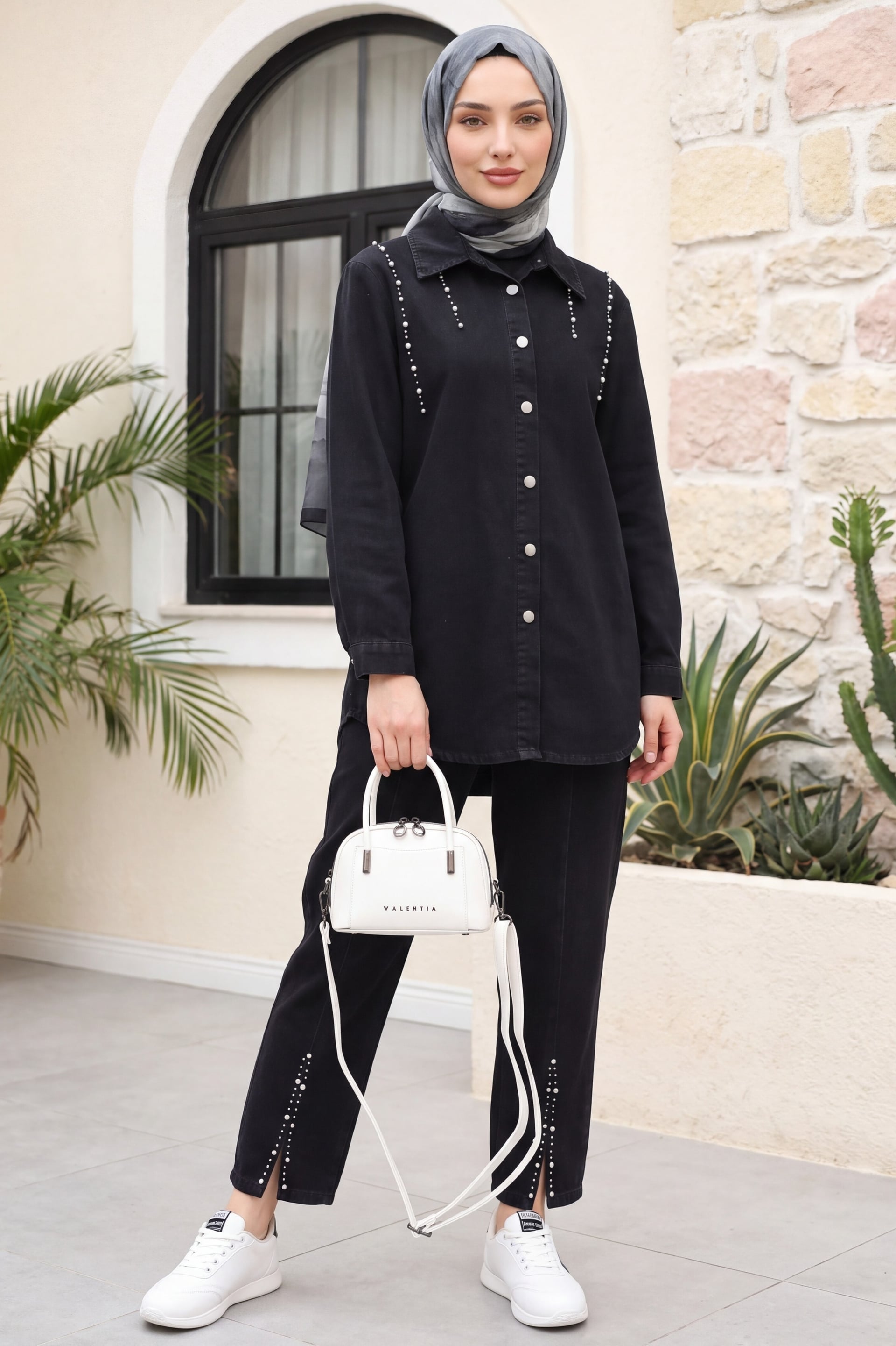 Black Denim Co-ord Set with Slit Hem and Stone Details - Podyumplus - by Peralane