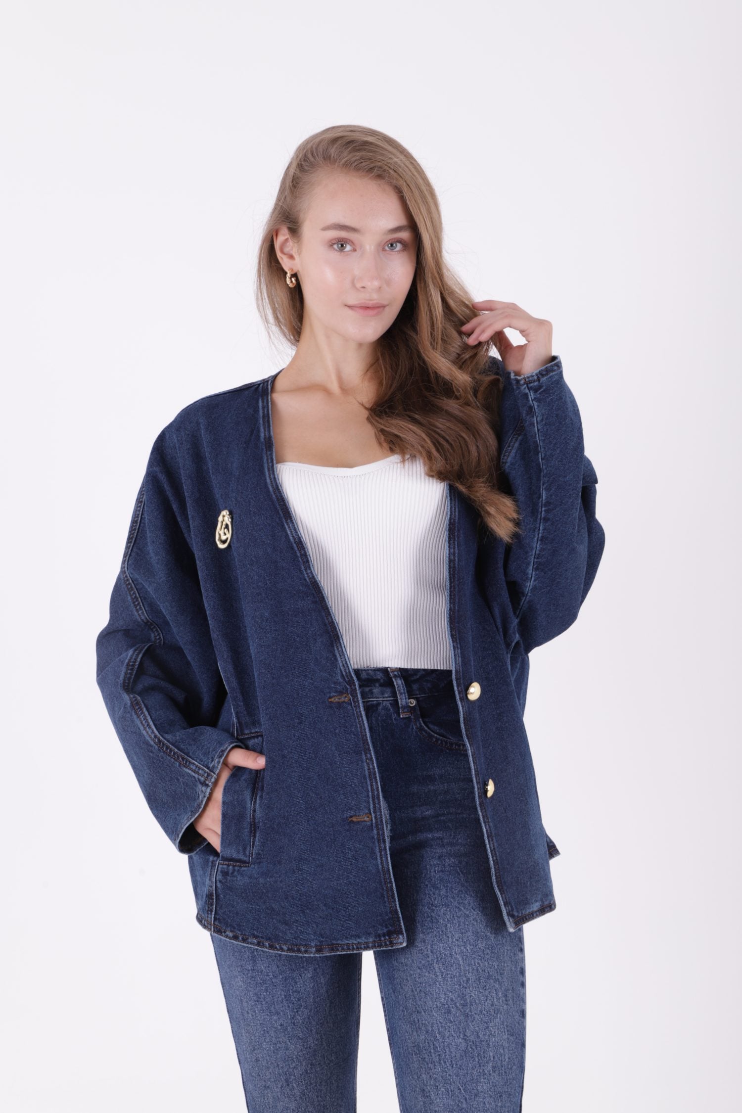 Oversize Batwing Sleeve Denim Jacket 6059 Solid Dark Rinse - Xlove - by Peralane - photo 5
