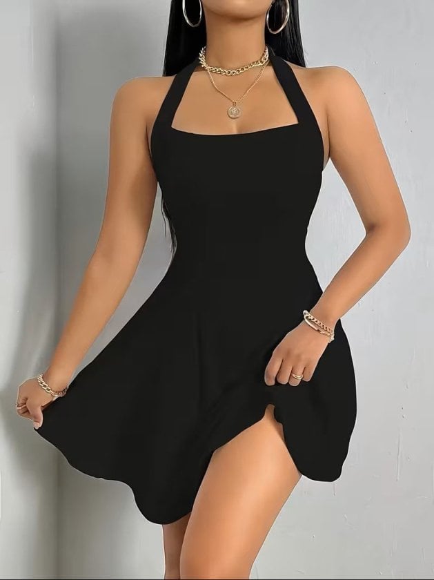 Women's Black Sleeveless Halter-Neck Square-Neckline Flared Dress with Side Slit - Janes - by Peralane