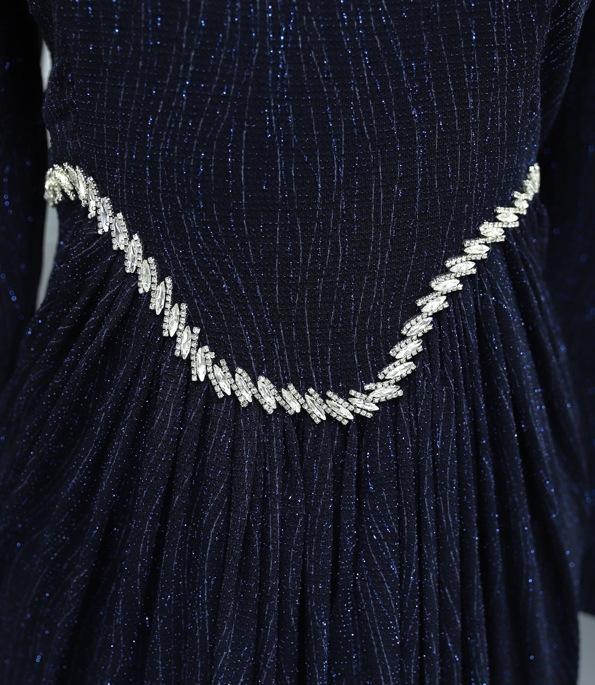 Navy Blue Sequin Jersey Evening Dress with High Neck and Cape Sleeves - Podyumplus - by Peralane - photo 6