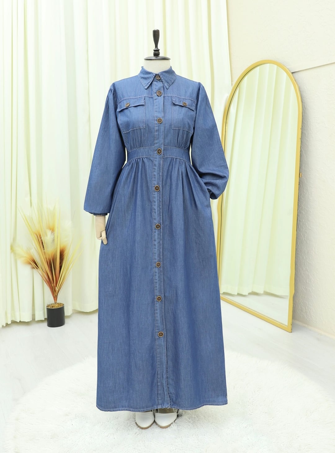 Blue Denim Dress with Elastic Cuffs and Full Button Front - Podyumplus - by Peralane - photo 2