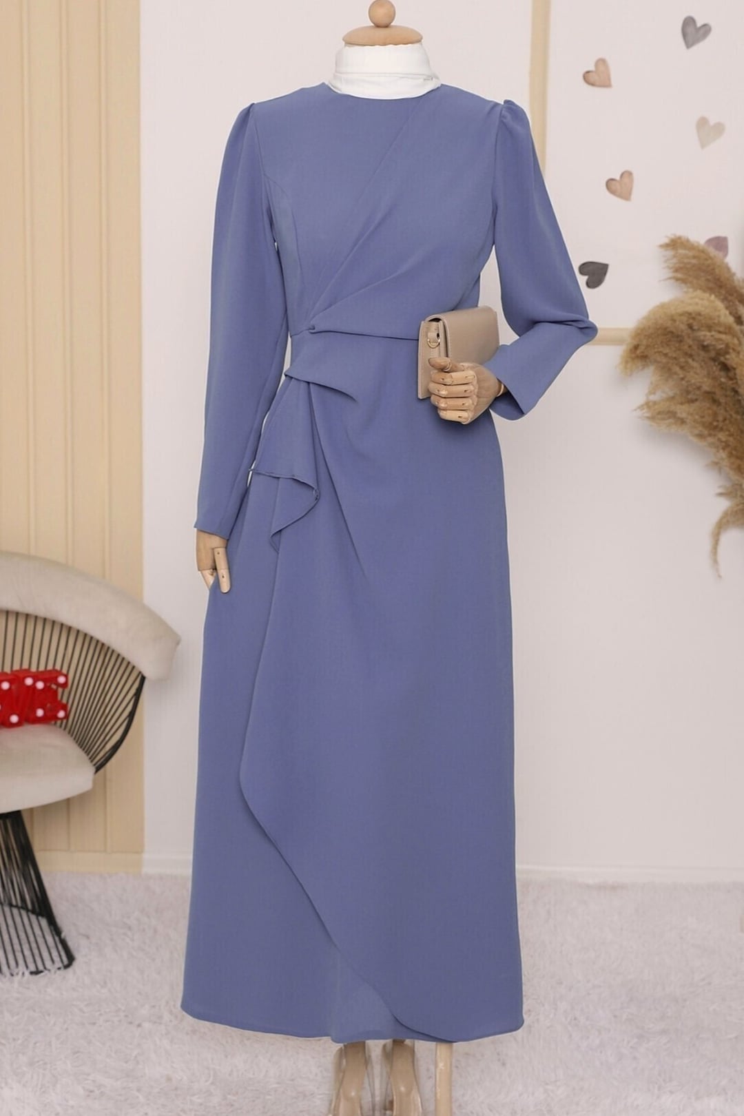 Ruffled Wrap Front Asymmetric Hem Dress in Indigo - Podyumplus - by Peralane