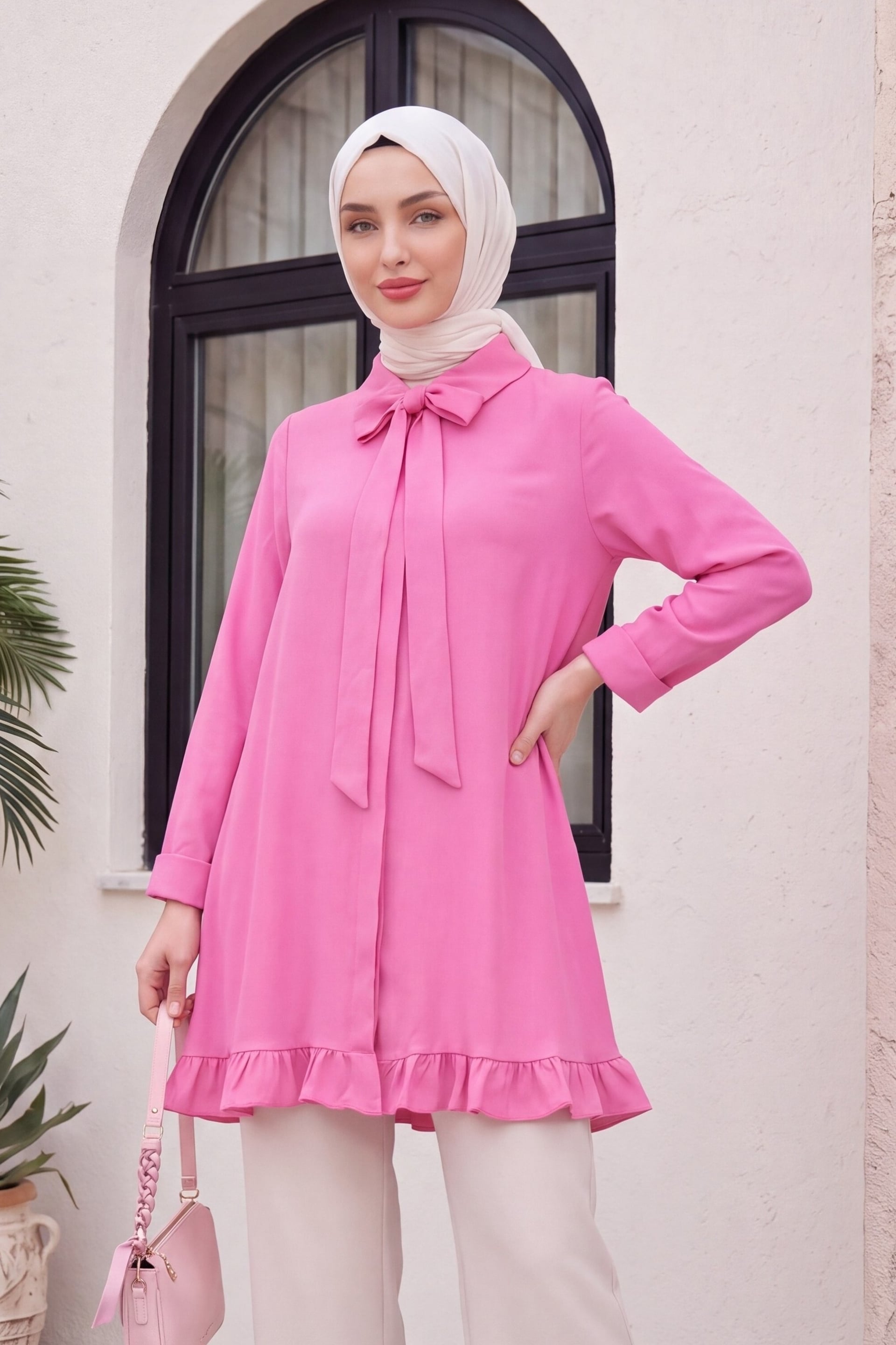 Ruffled Hem Tie Waist Modal Tunic - Pink - Podyumplus - by Peralane - photo 2
