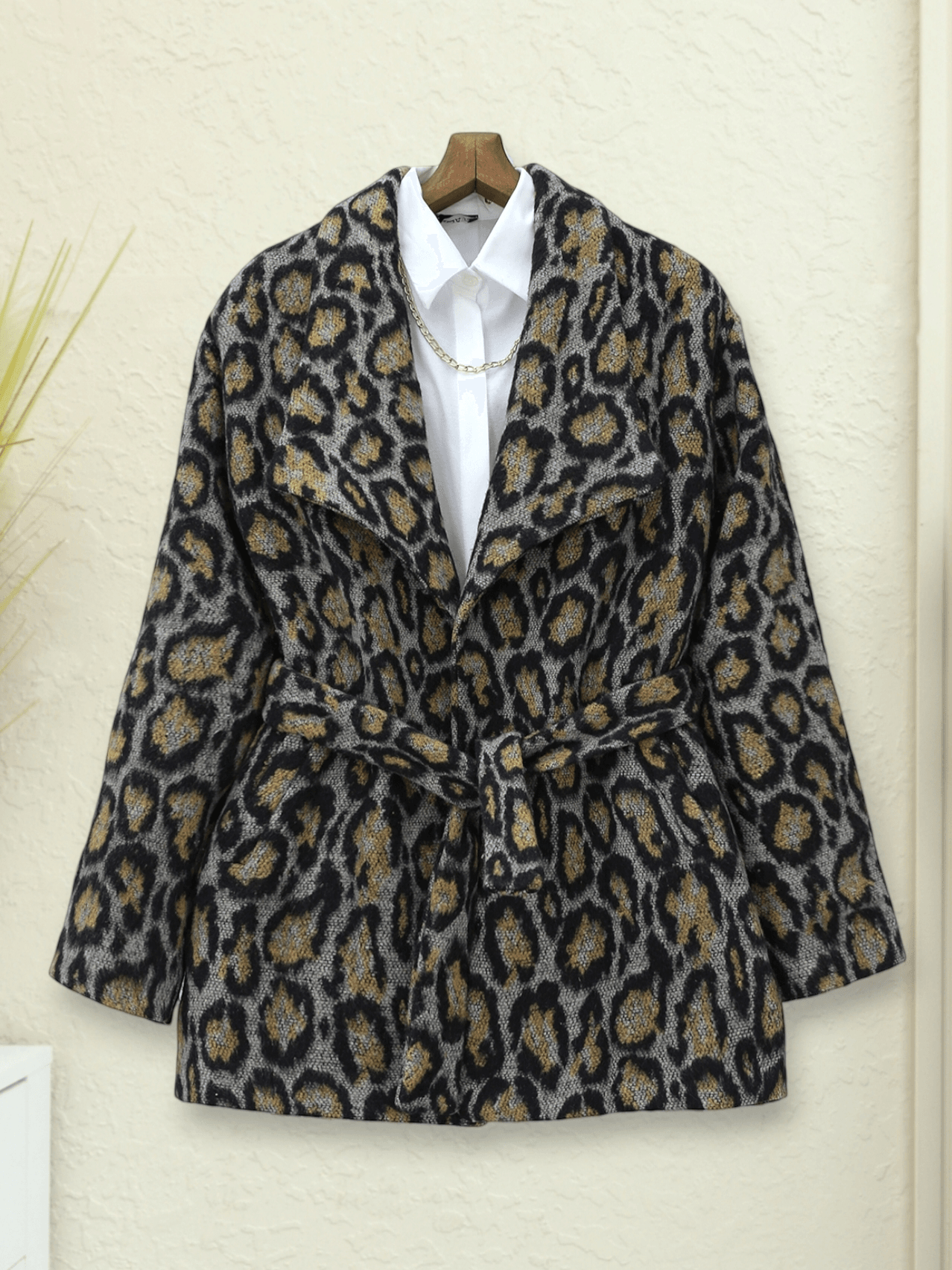 Leopard Print Lined Tie-Belt Coat in Grey - Podyumplus - by Peralane - photo 2