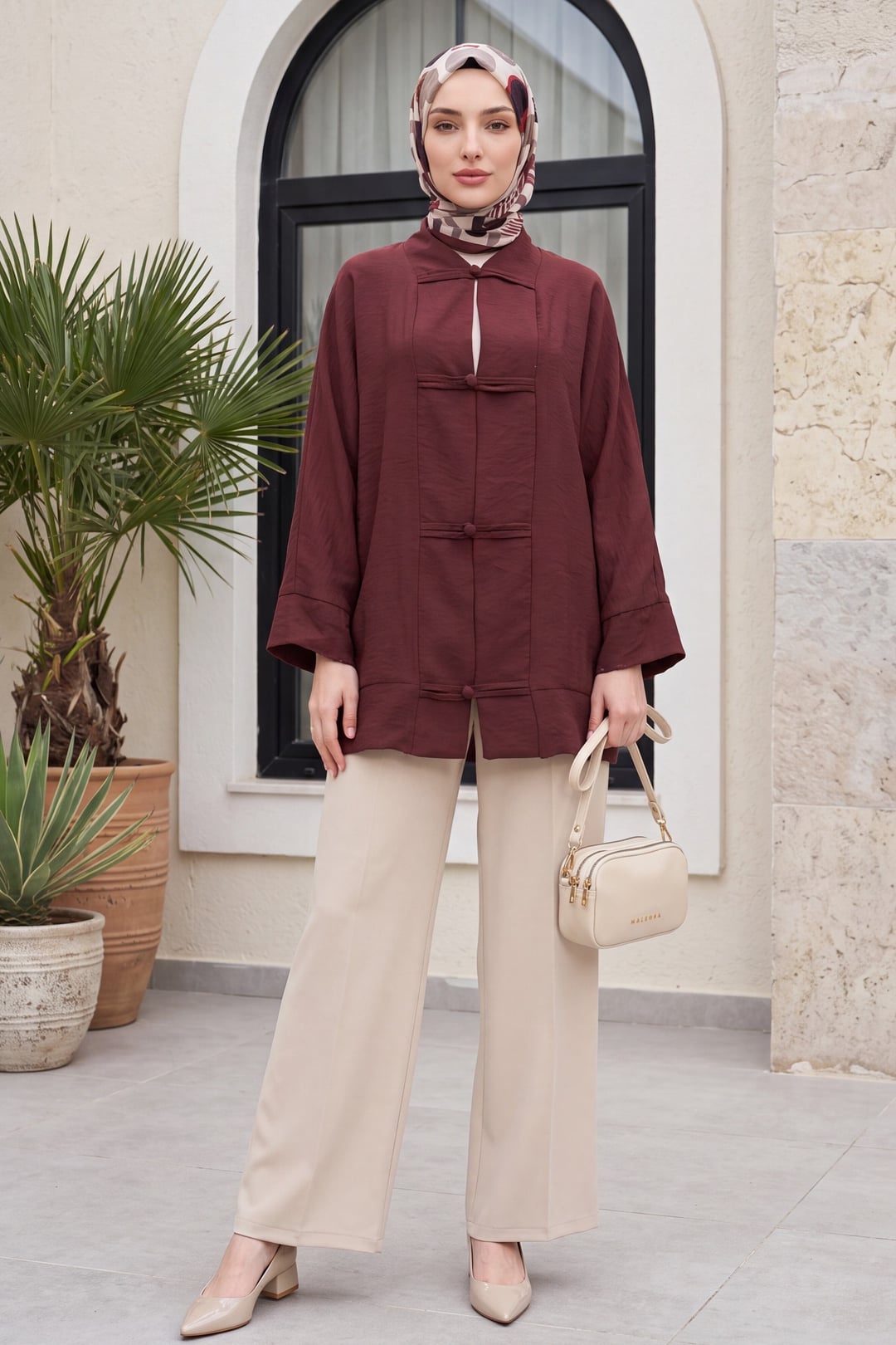 Bias-Trim Button V-Neck Organza Voile Oversize Kimono in Burgundy - Podyumplus - by Peralane - photo 7