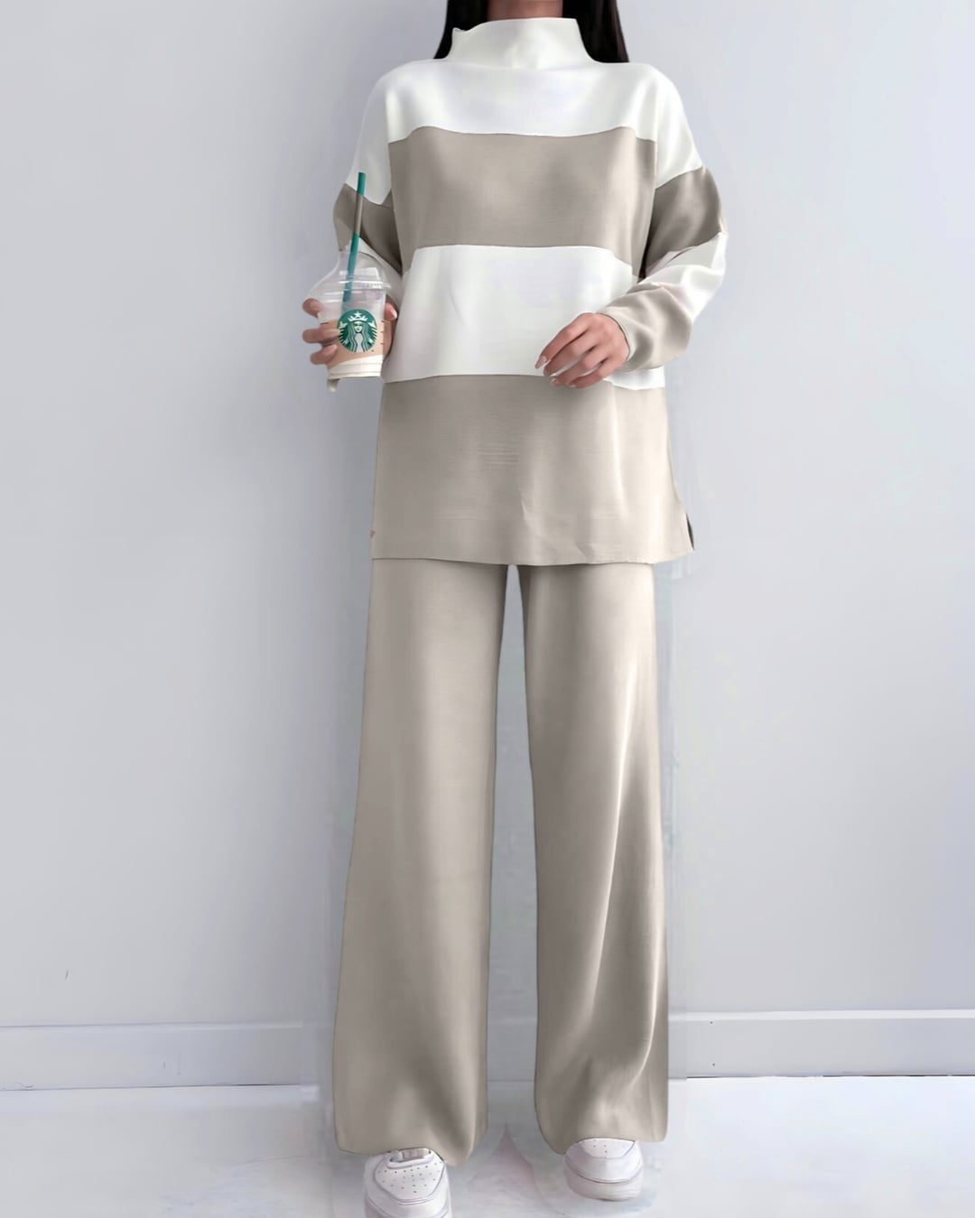 Half-Collar Striped Knit Set - Stone - Podyumplus - by Peralane - photo 3