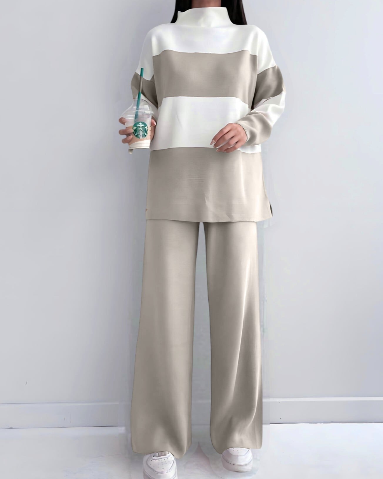 Half-Collar Striped Knit Set - Stone - Podyumplus - by Peralane - photo 3