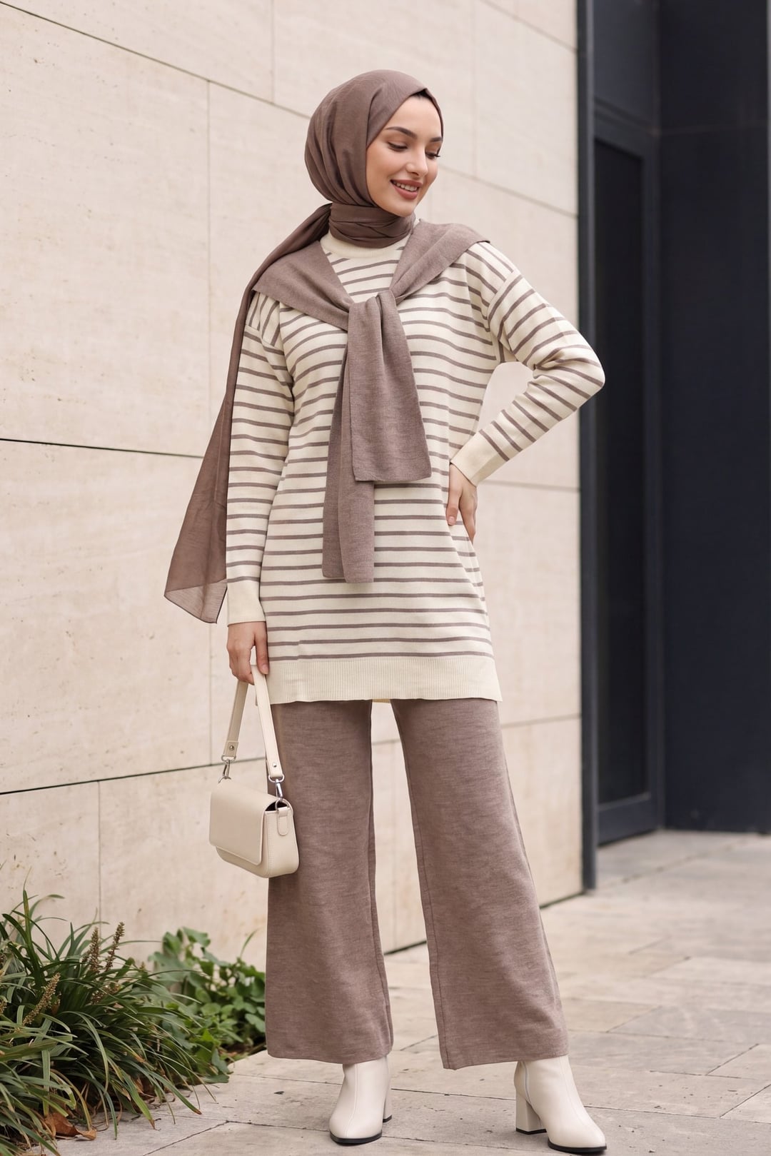 Striped Knit Tunic and Wide-Leg Trousers Set - Earth - Podyumplus - by Peralane - photo 3