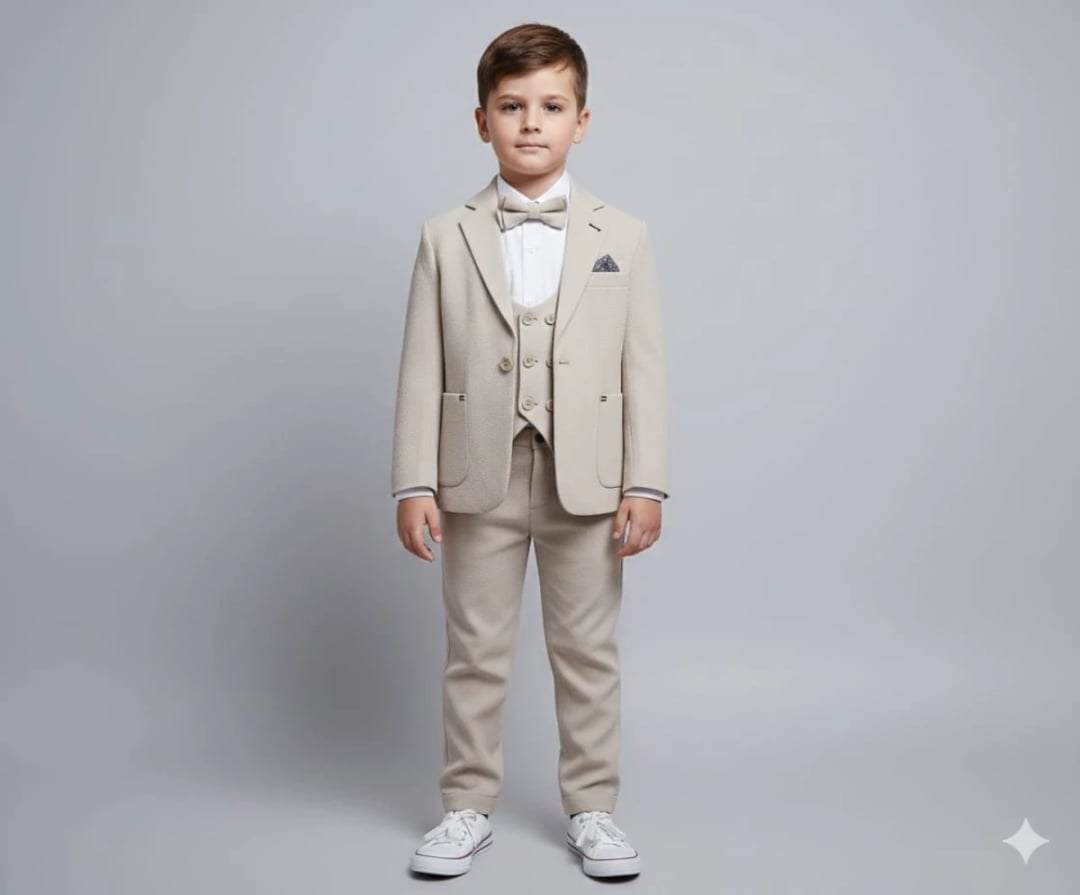 Boys' 4-Piece Formal Suit Set with Jacket, Vest, and Trousers - Cream - 1-4 Years - Terry - by Peralane