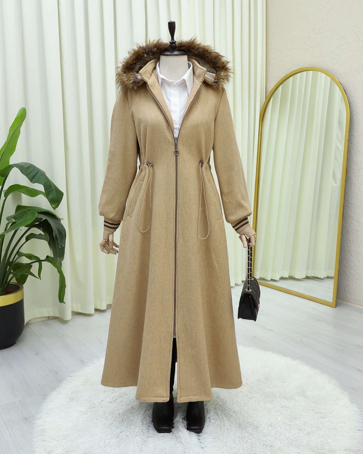 Hooded Drawstring Waist Faux Fur Trim Coat - Camel - Podyumplus - by Peralane - photo 3