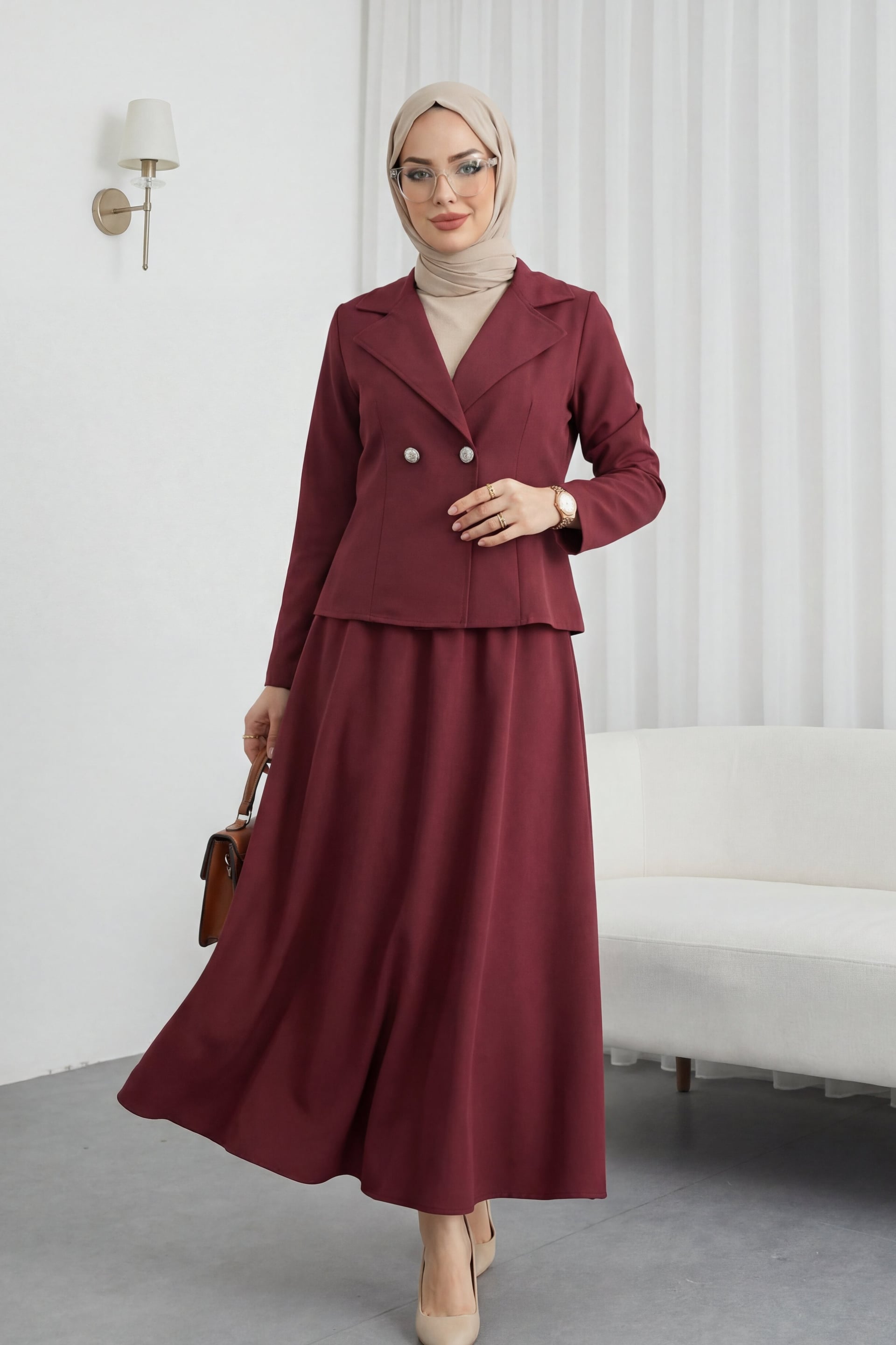 Double Crepe Blazer and Skirt Co-ord Set in Burgundy - Podyumplus - by Peralane - photo 4