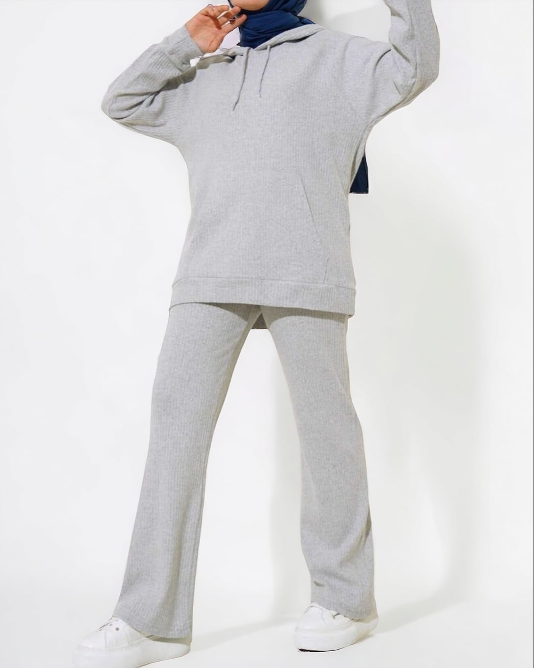 Hooded Kangaroo Pocket Ribbed Loungewear Set - Grey - Podyumplus - by Peralane