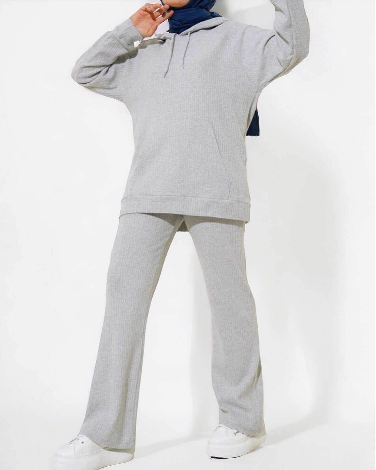Hooded Kangaroo Pocket Ribbed Loungewear Set - Grey - Podyumplus - by Peralane