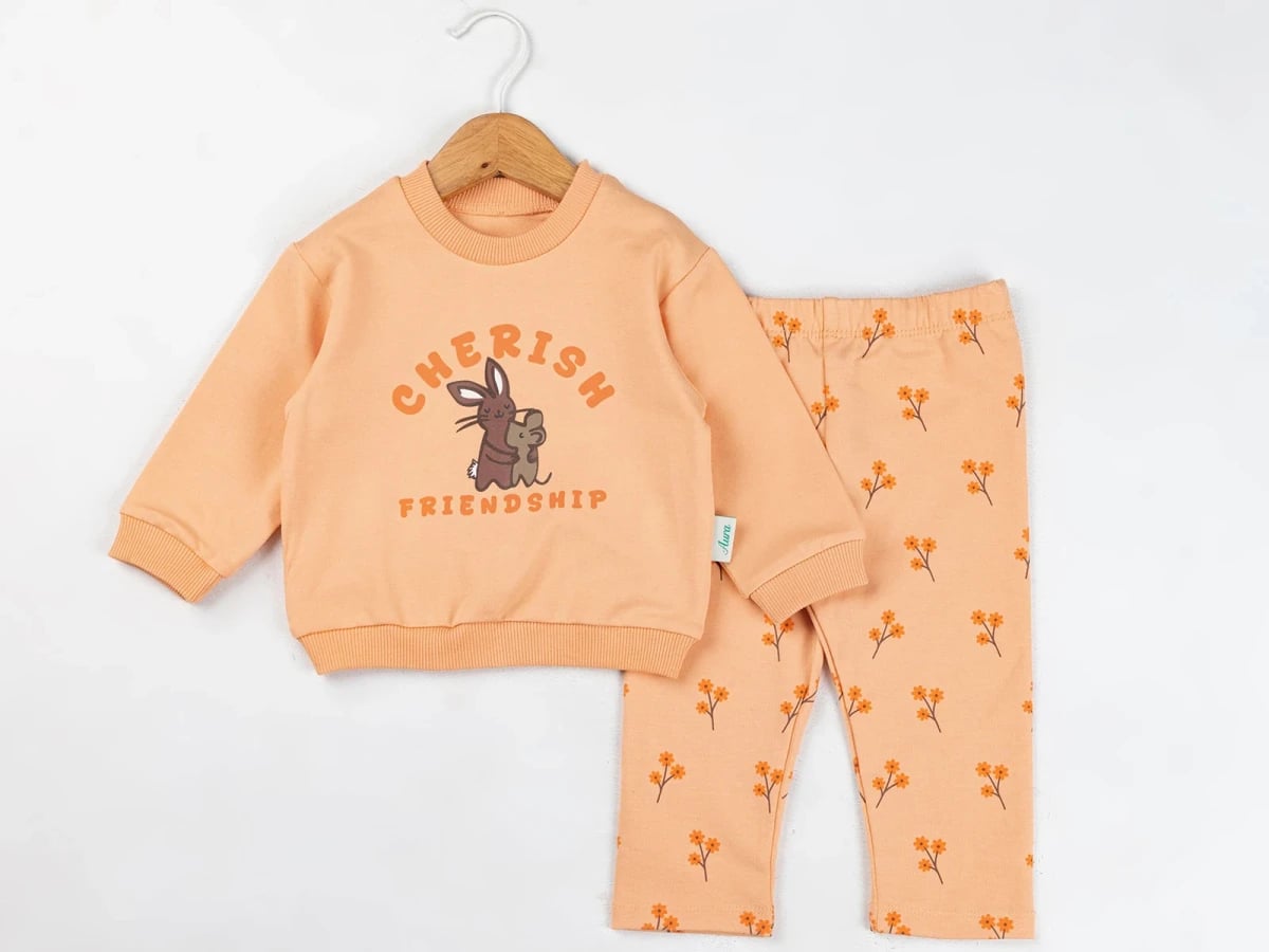 Girls' 2-Piece Cotton Jersey Set with Bunny and Flower Print - Salmon - Comix - by Peralane