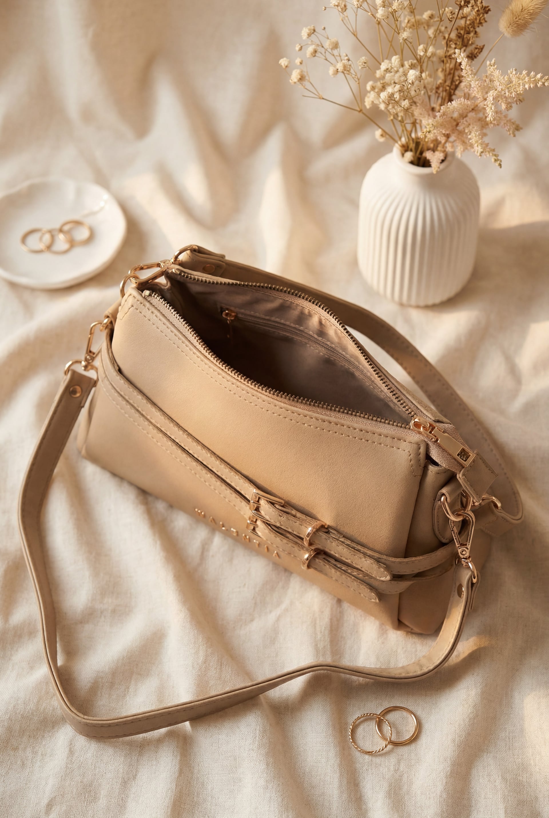Women's Crossbody Bag with Belt Detail and Long Strap - Beige - Podyumplus - by Peralane - photo 2