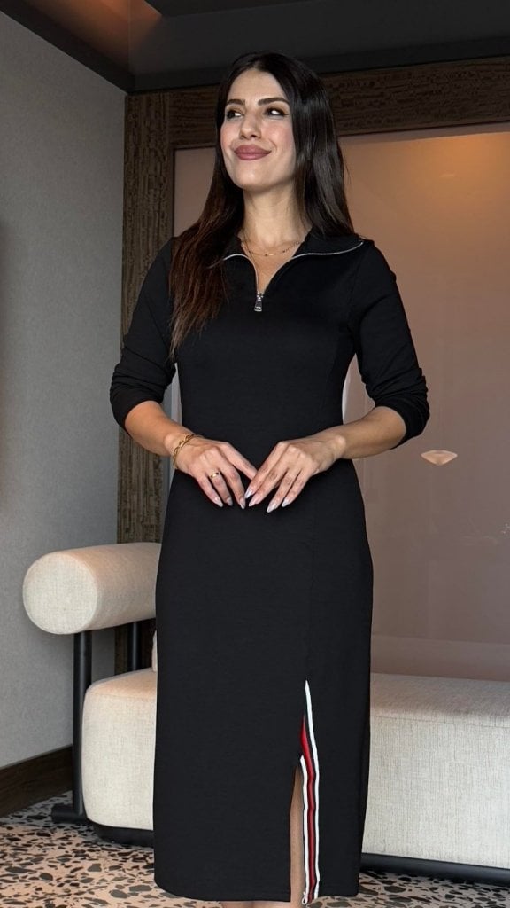 Women's Long Sleeve High Neck Quarter-Zip Midi Knit Dress with Side Slit - Janes - by Peralane - photo 3