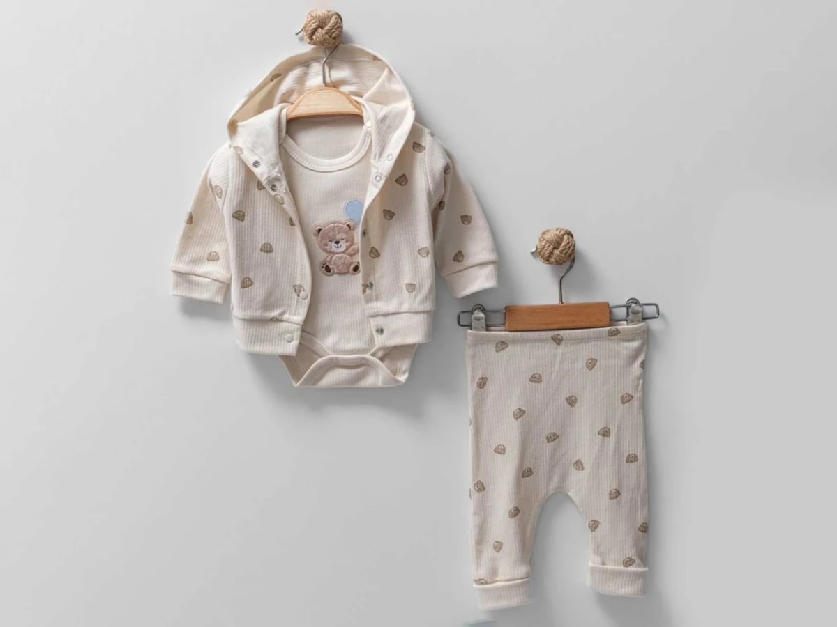 Baby Set with Bear Print, 3 Pieces, Beige - Nayinom - by Peralane