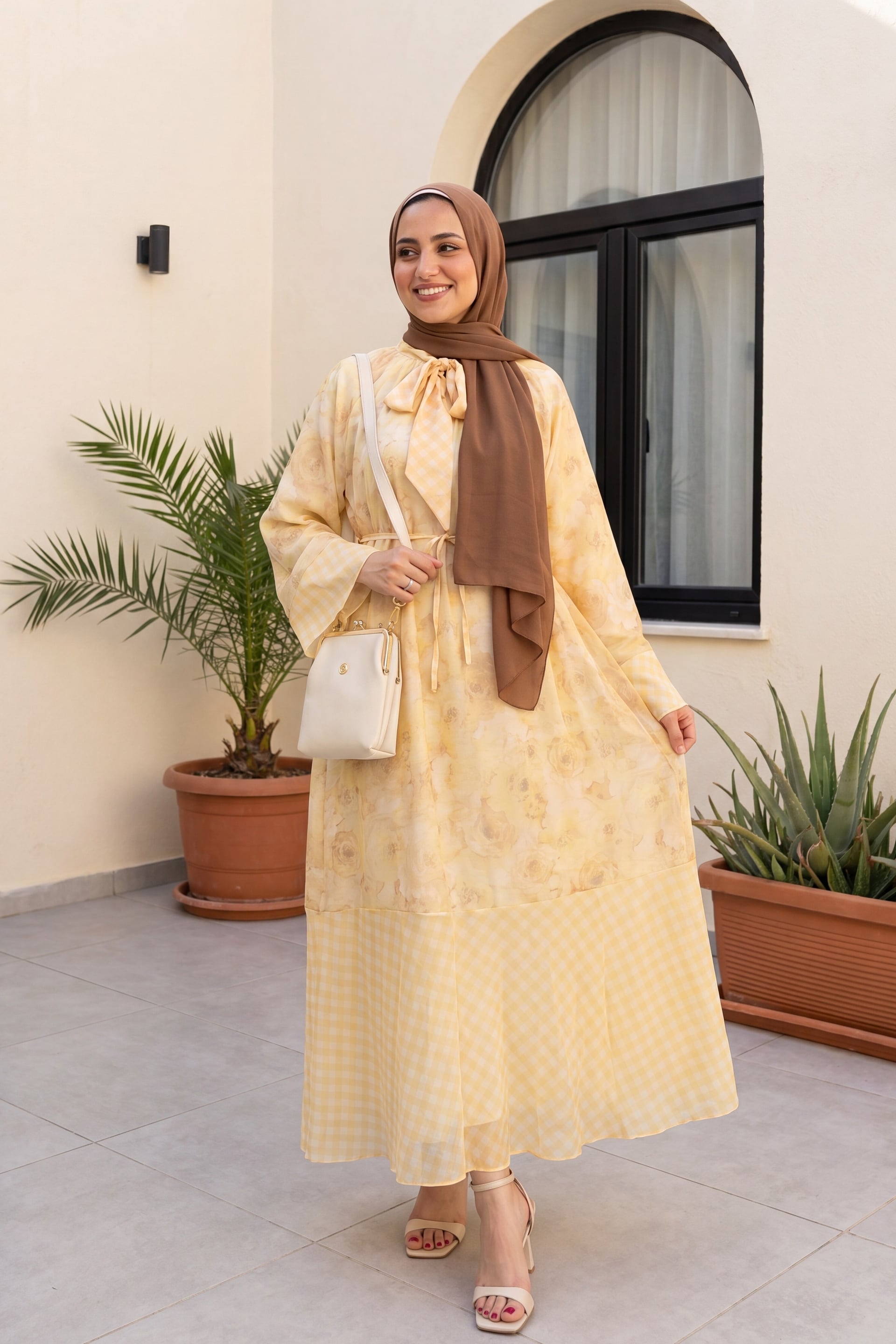 Yellow Floral and Gingham Print Tie-Neck Chiffon Dress - Podyumplus - by Peralane