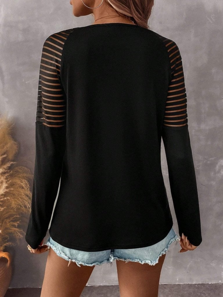 Women's Long-Sleeved V-Neck Blouse with Zipper and Sheer Striped Sleeves - Janes - by Peralane - photo 5
