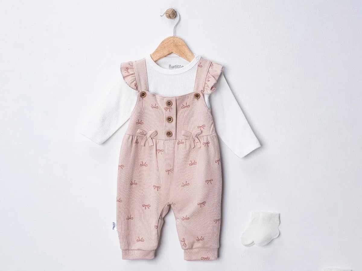 Bow Detail Baby Girl Romper Set with Overalls (6-9-12 Months) - Nafitto - by Peralane