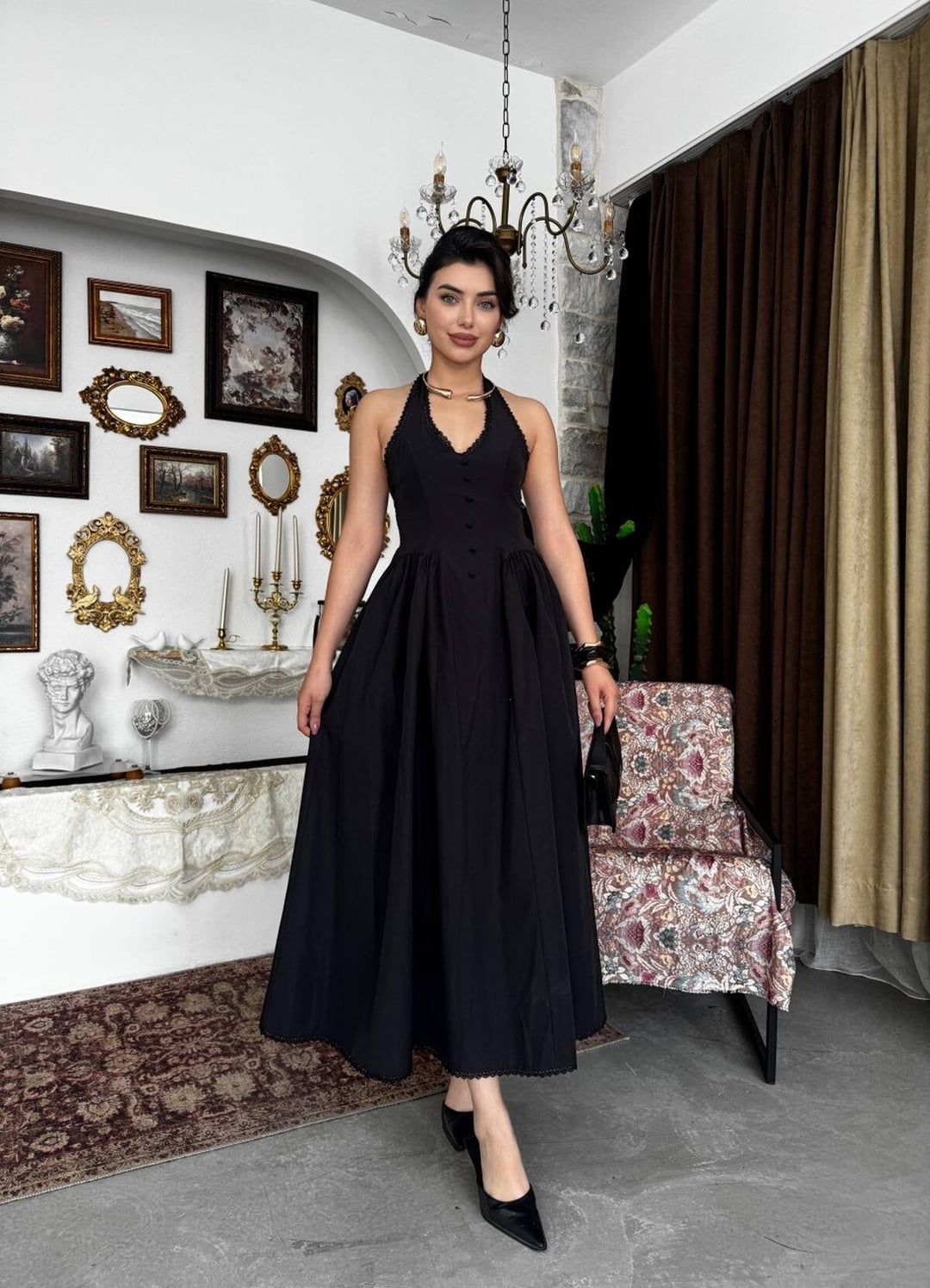 Black Sleeveless Halter Neck Smocked Dress with Bow Detail - Etika - by Peralane - photo 7