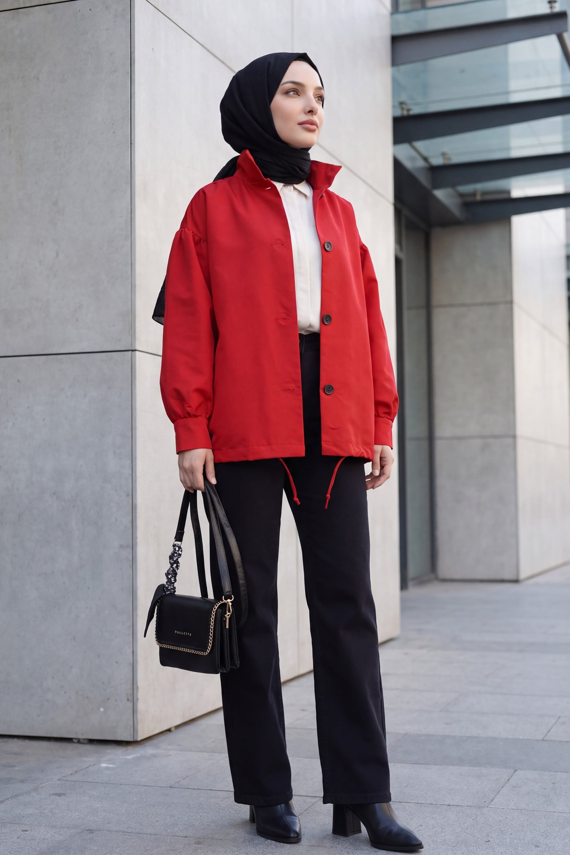 Red Balloon Sleeve Double Pocket Lined Buttoned Trench Coat - Podyumplus - by Peralane - photo 4
