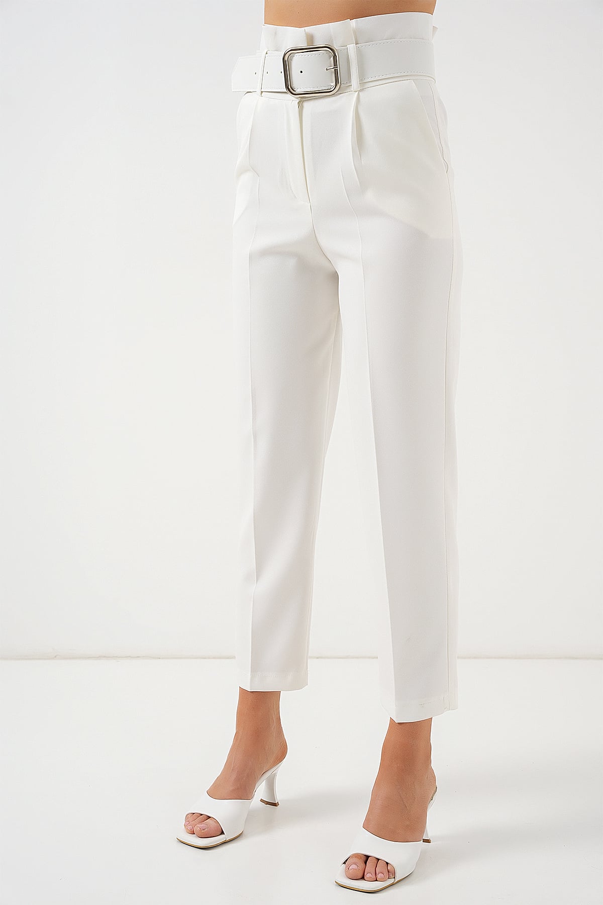 High-Waisted Paperbag Waist Trousers with Belt - Ecru - Bigdart - by Peralane