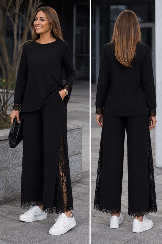 Women's Long-Sleeve Lace-Trimmed Viscose Two-Piece Set with Wide-Leg Trousers - Janes - by Peralane