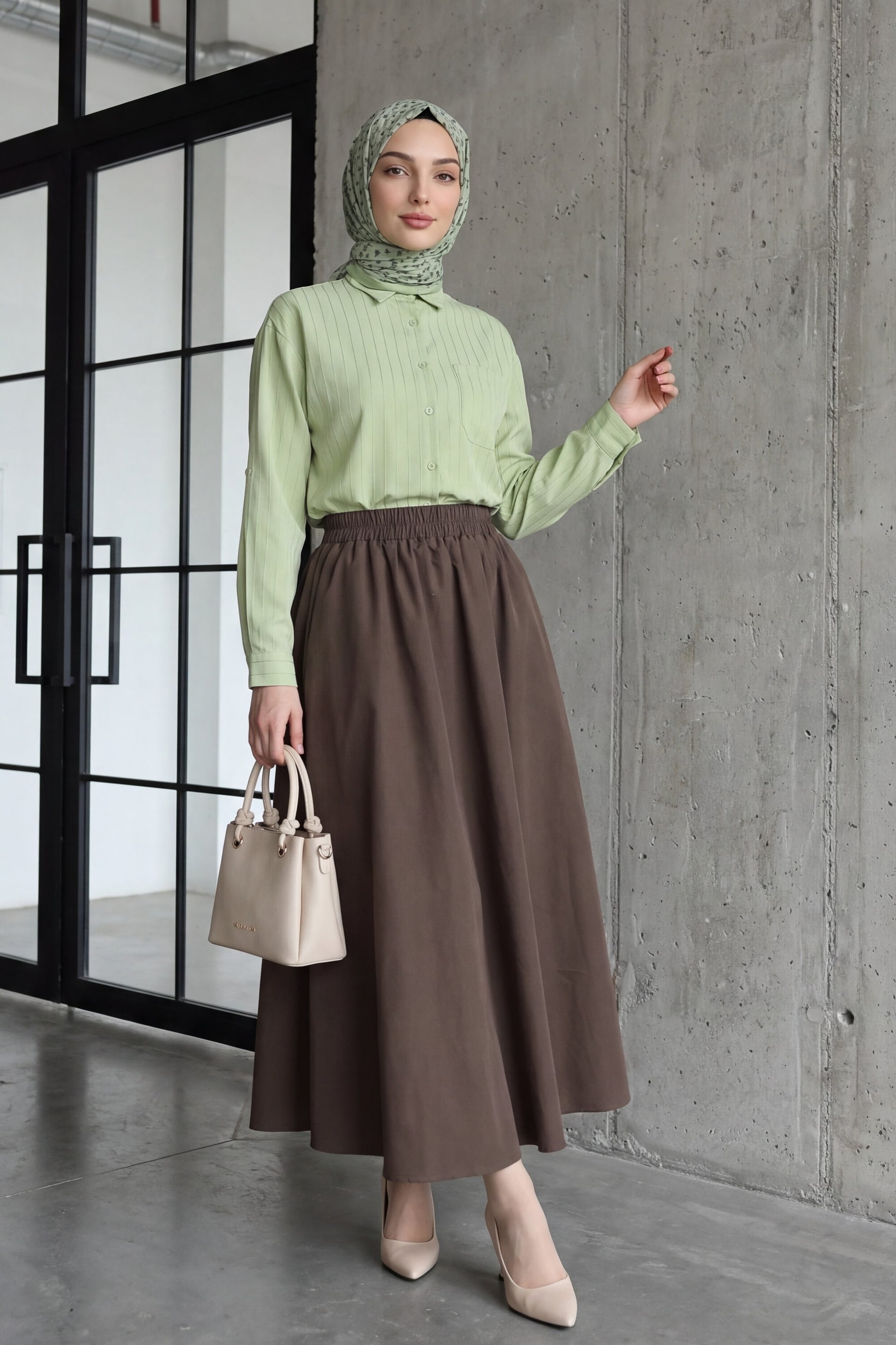 Elasticated Waist Double Pocket Poplin Skirt - Dark Brown - Podyumplus - by Peralane - photo 3