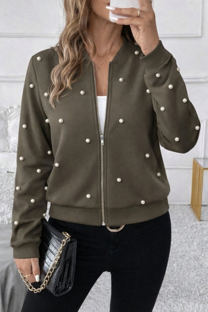 Women's Long Sleeve Zip-Up Pearl Embellished Short Bomber Jacket - Janes - by Peralane