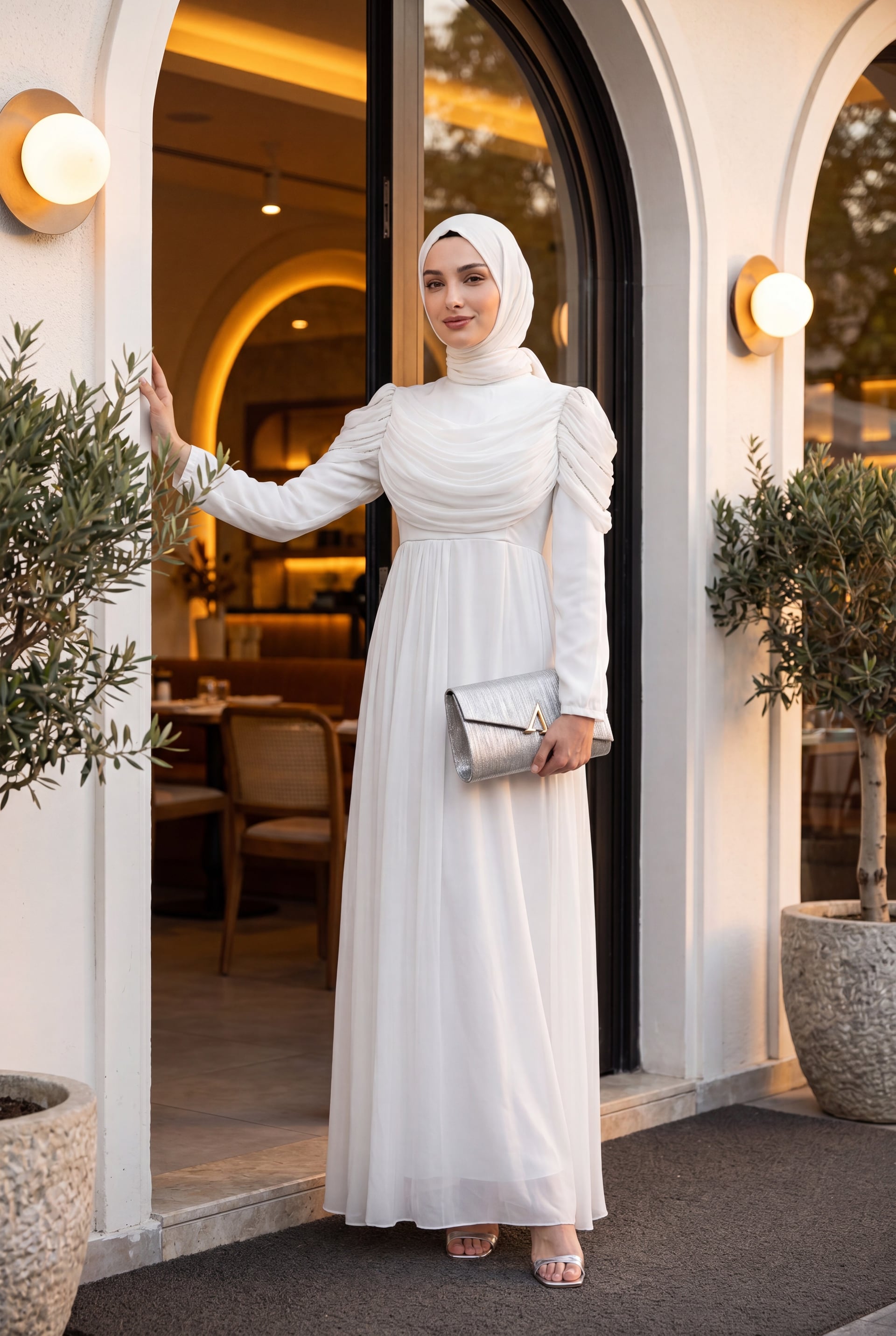 White Satin Evening Dress with Stone-Embellished Shoulders and Pleated Skirt - Podyumplus - by Peralane - photo 3