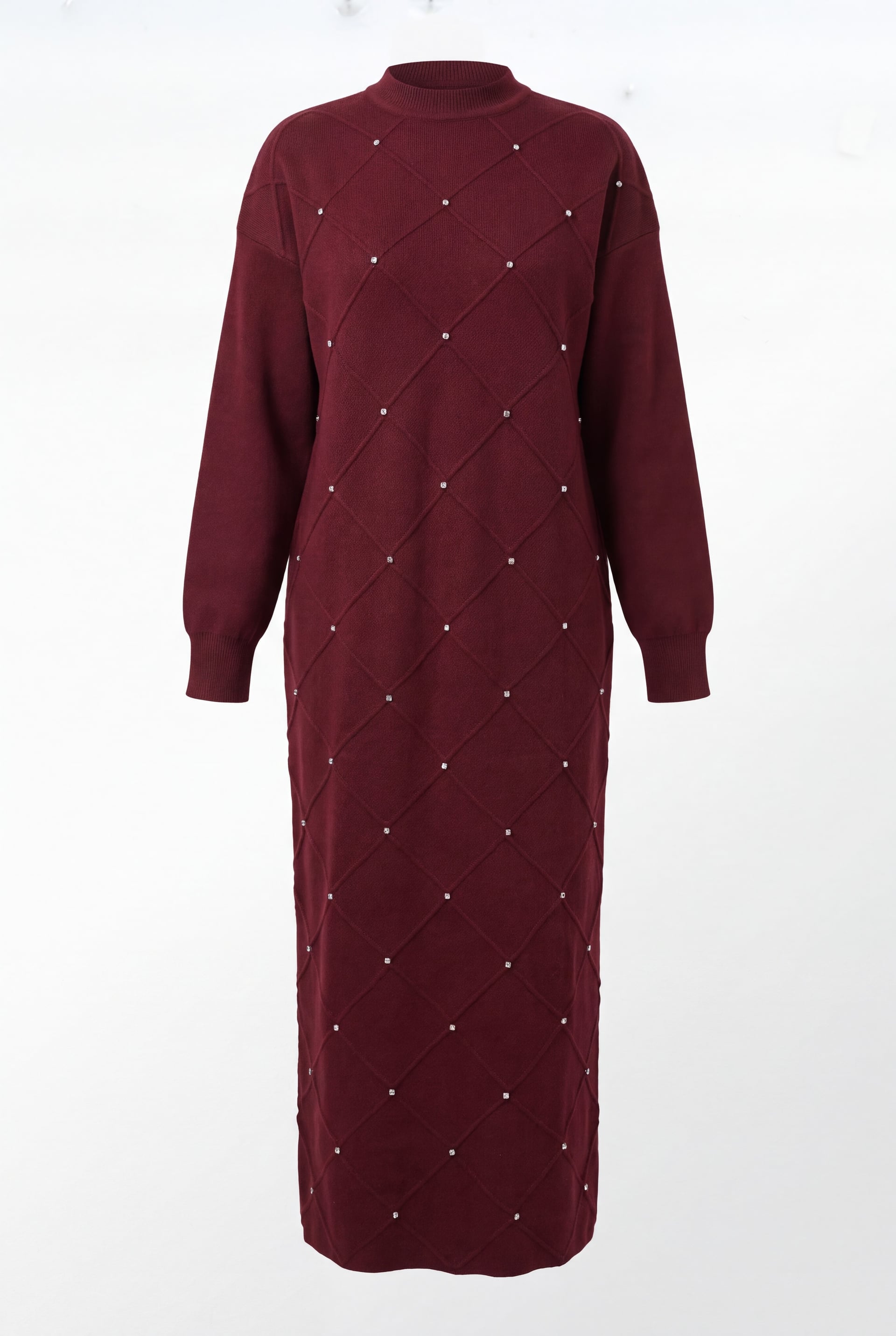 Burgundy Knit Dress with Rhinestone Diamond Pattern and Balloon Sleeves - Podyumplus - by Peralane