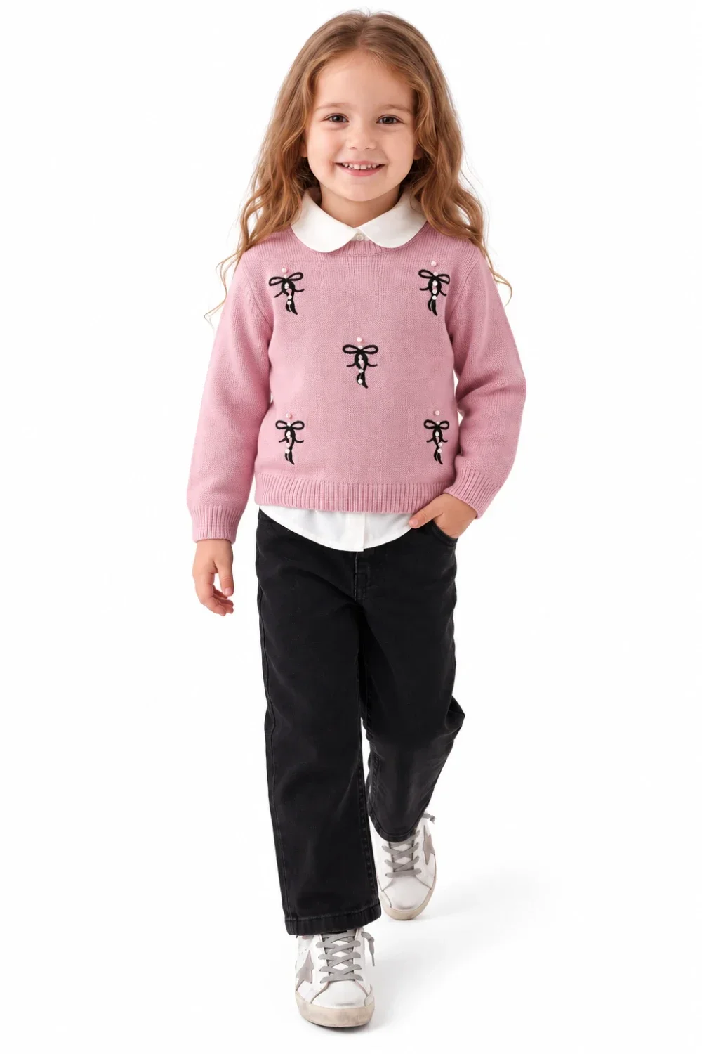 Girls' 3-Piece Knit Sweater Set with Peter Pan Collar - Pink - Has Bereket - by Peralane