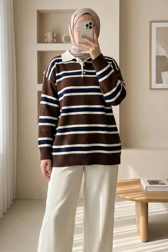 Polo Collar Half Button Striped Knit Sweater - Brown - Podyumplus - by Peralane