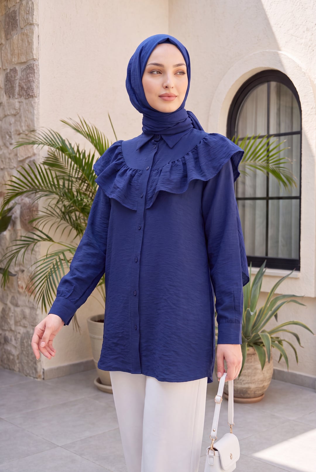 Navy Blue Rayon Tunic with Ruffled Yoke and Button Front - Podyumplus - by Peralane