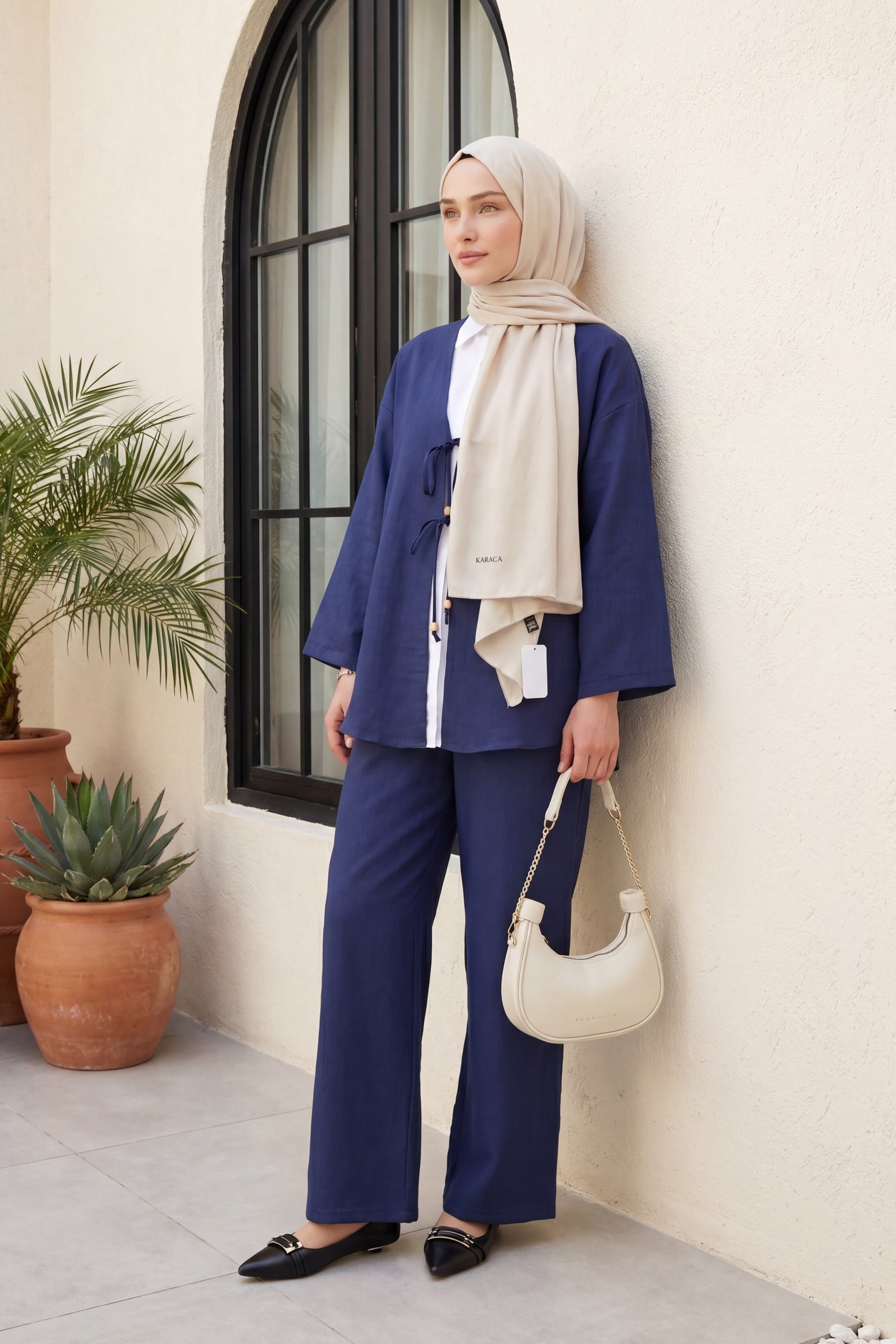 Navy Blue Double Tie-Front Kimono Set with Wide-Leg Trousers - Podyumplus - by Peralane - photo 2