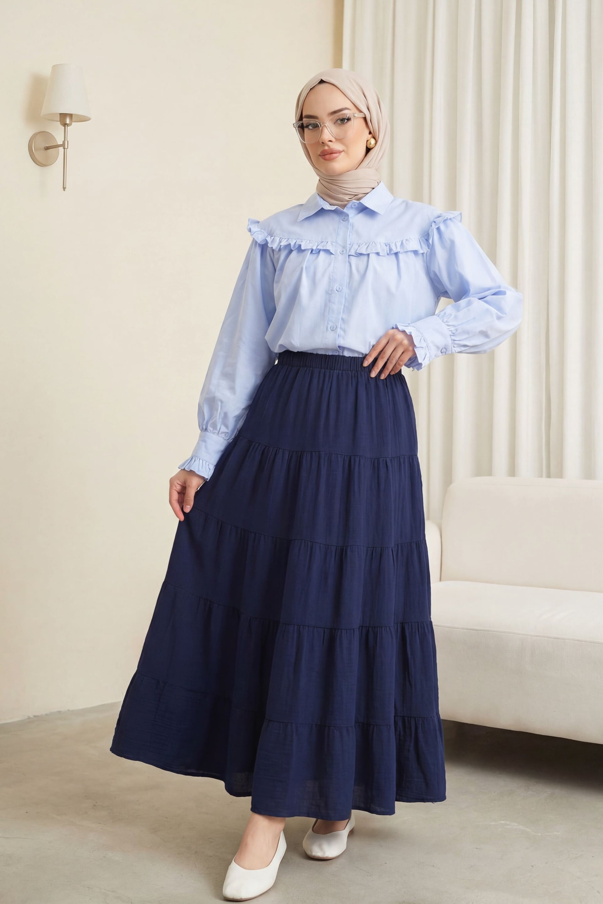 Elasticated Waist Tiered Muslin Maxi Skirt - Navy Blue - Podyumplus - by Peralane - photo 3