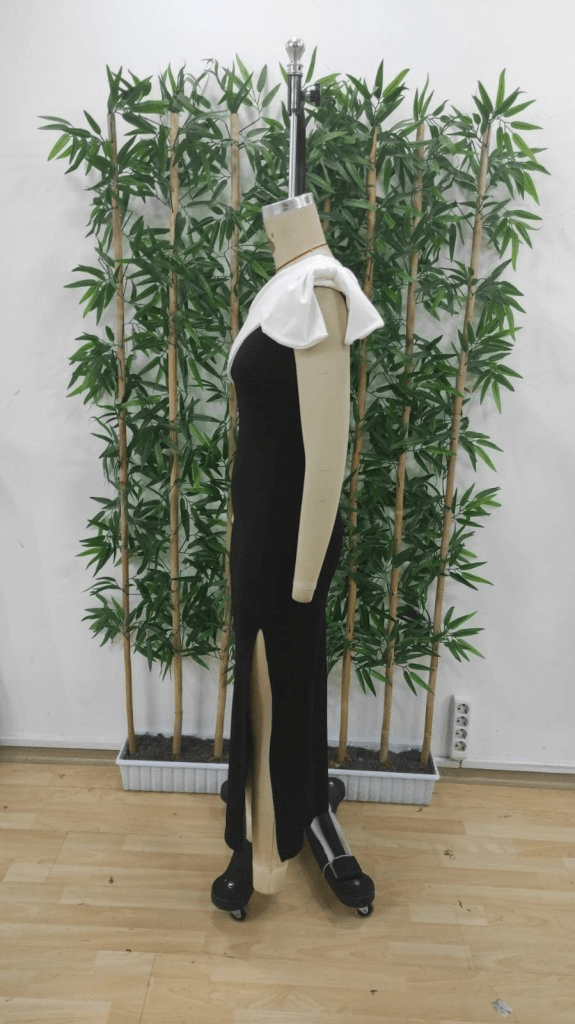 Women's Sleeveless Black Midi Dress with White Draped Neckline and Side Slit - Janes - by Peralane - photo 6