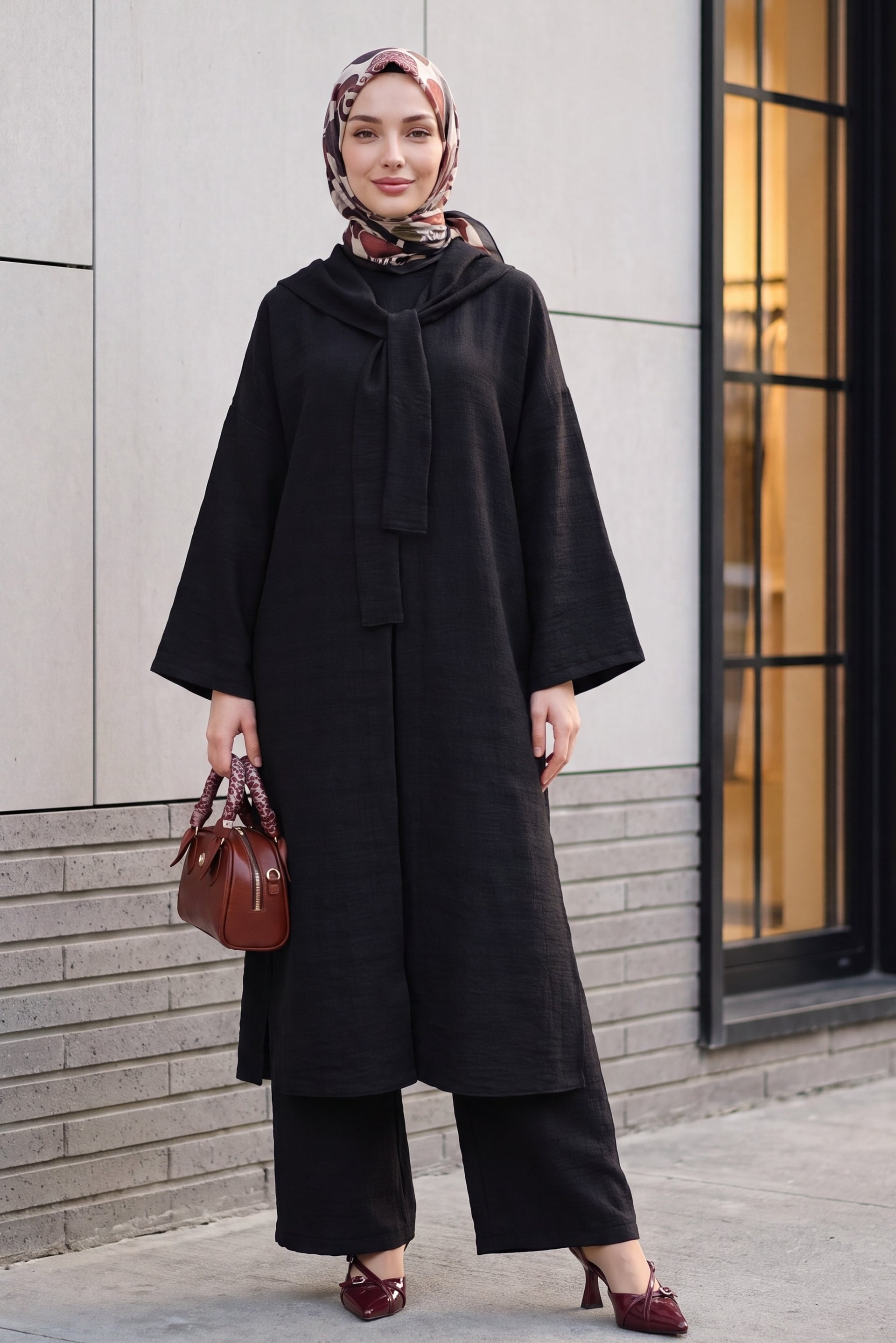 Black Linen Two-Piece Set with Deep Slits, Scarf Detail and Pockets - Podyumplus - by Peralane - photo 4